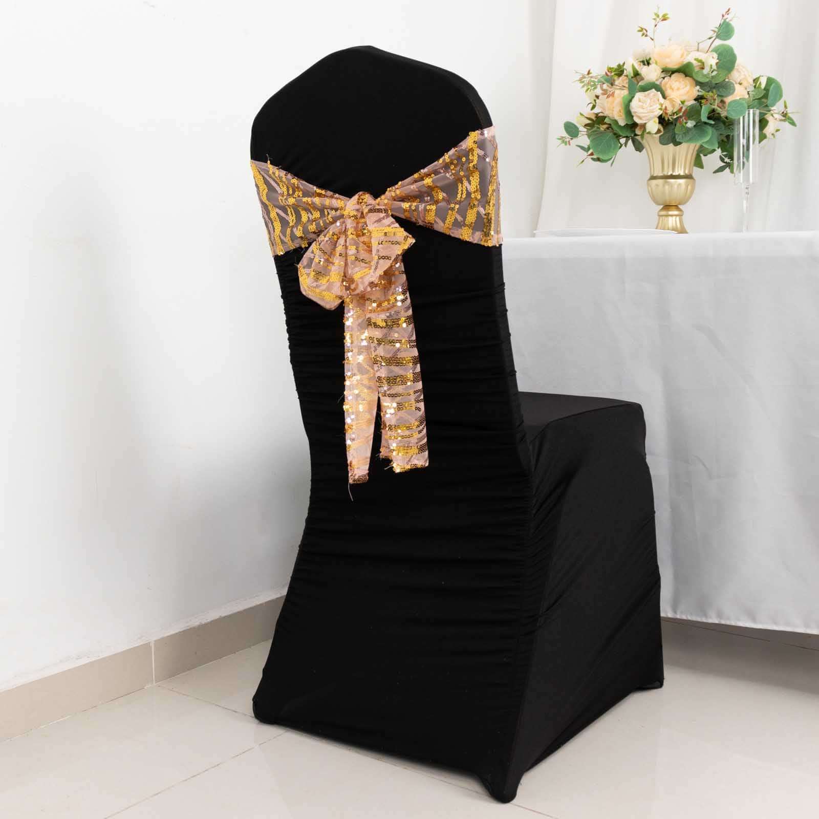 5 Pack Chair Sashes with Wave Embroidered Sequins Rose Gold/Gold 6"x88"