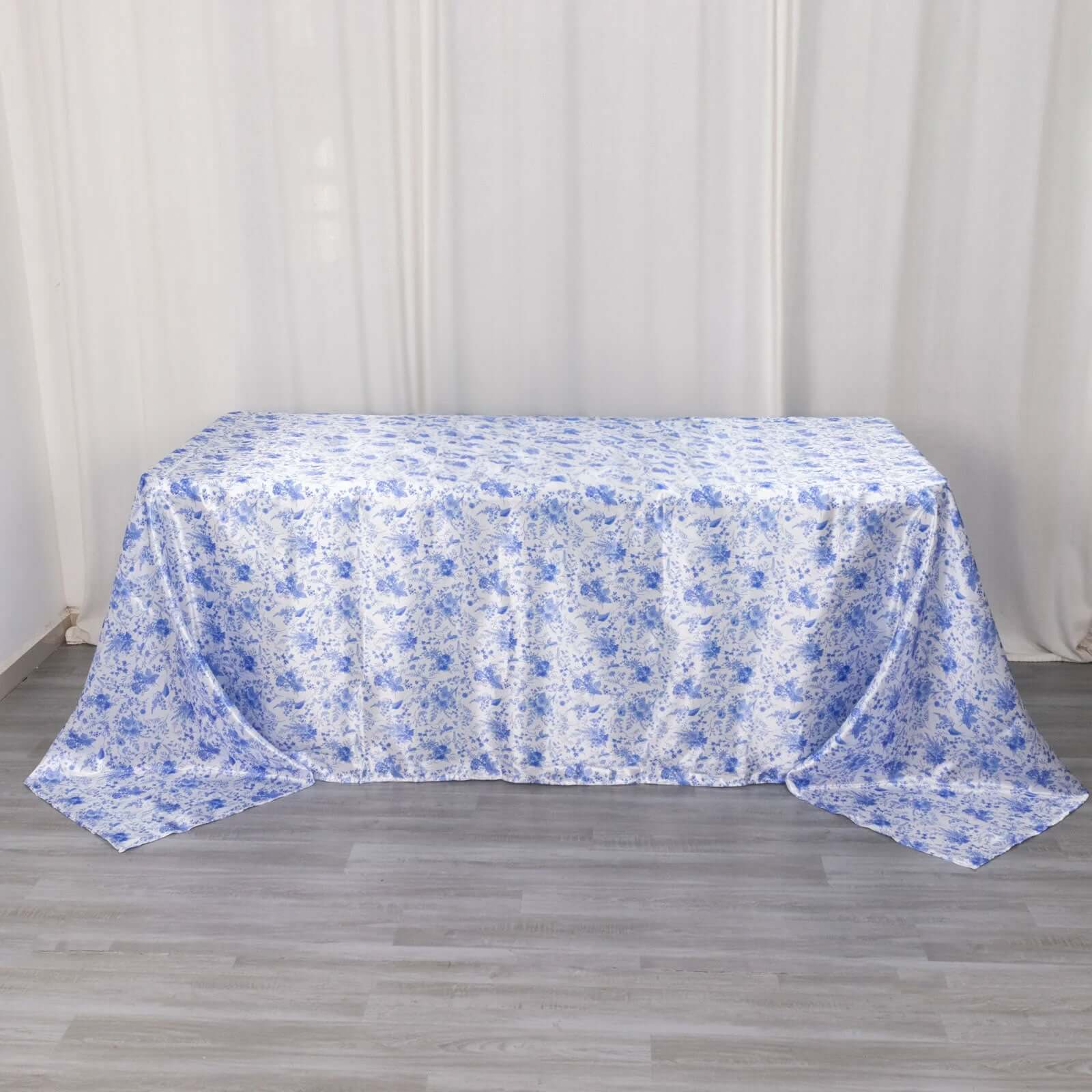 Satin Round 90"x132" Tablecloth White/Blue French Toile Design - Seamless Stylish & Wrinkle-Resistant Table Cover