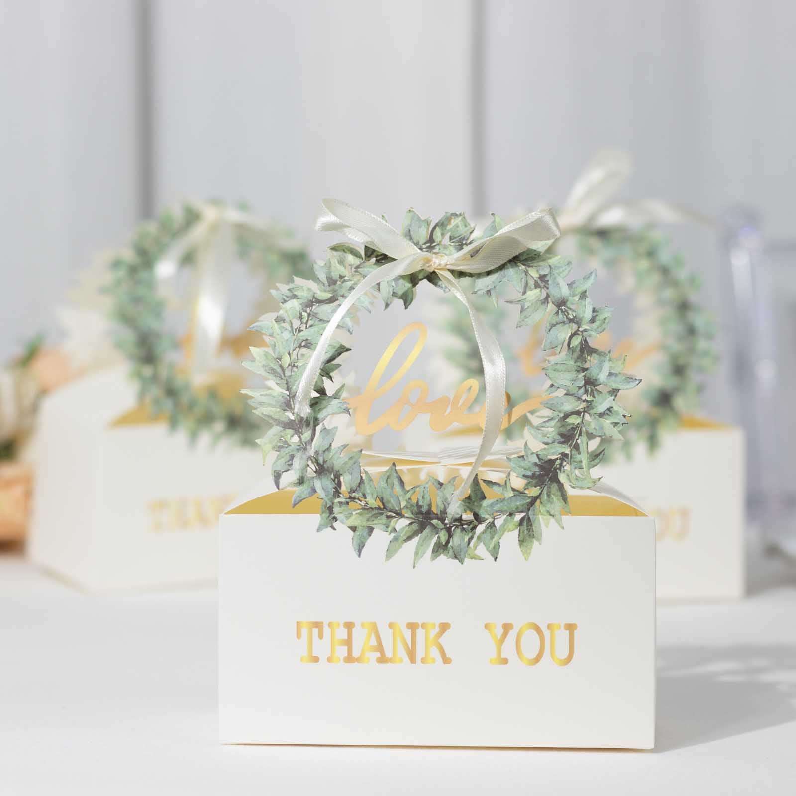 25 Pack White Thank You Candy Treat Boxes with Ribbon, Love Wreath Party Favor Gift Boxes - 6"x3"x7"