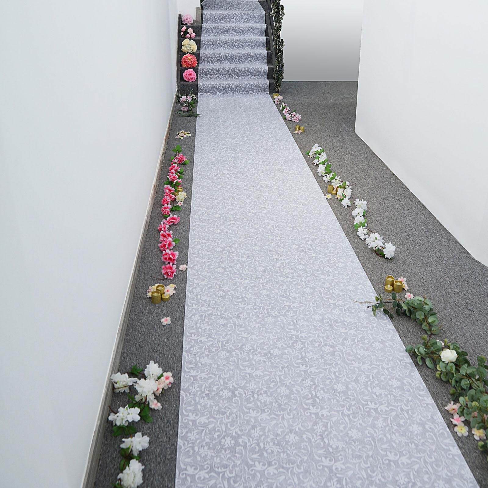 36"x50ft White Floral Lace Aisle Runner