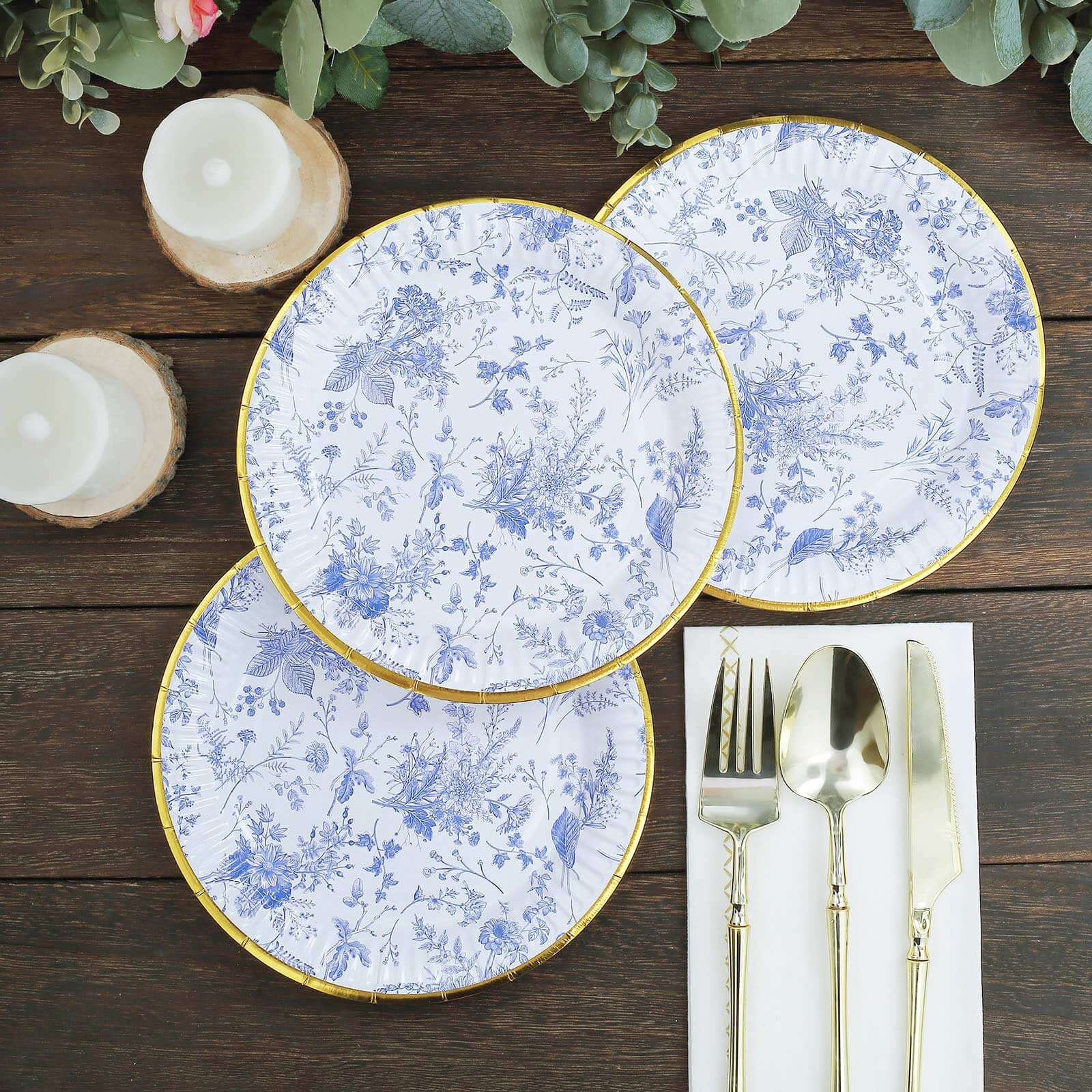 25-Pack Paper 7" Round Dessert Plates in White with Light Blue French Toile Pattern & Gold Rim - Disposable Salad Appetizer Plates for Luncheons & Garden Themes