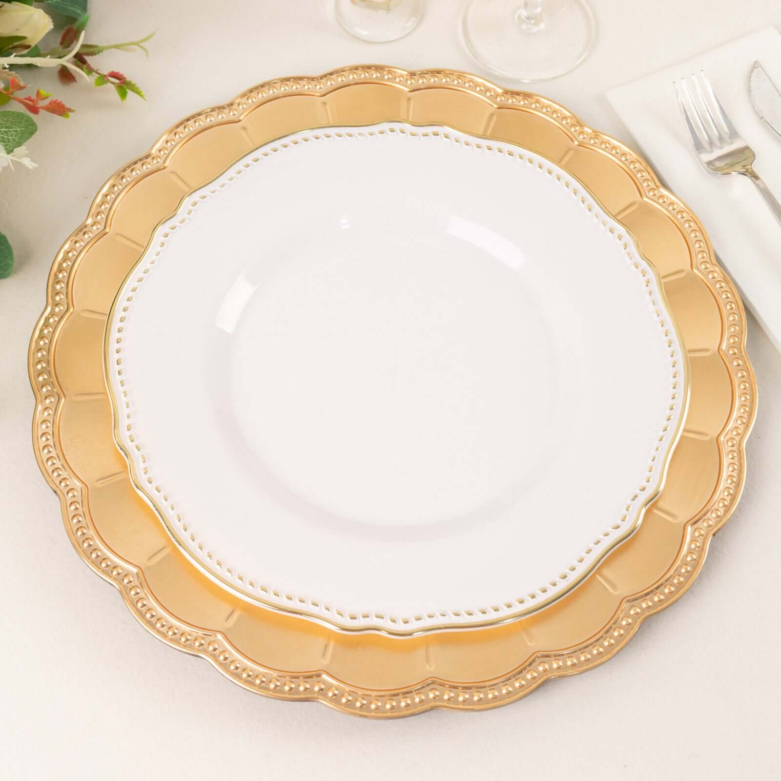 6-Pack Acrylic Round Charger Plates 13" in Metallic Gold with Beaded Sunflower Rim, Plastic Dinner Party Charger Tableware