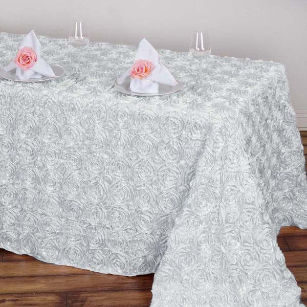 Satin 90"x132" Rectangle Tablecloth White - Grandiose 3D Rosette Design with Seamless Finish for Graceful Gatherings