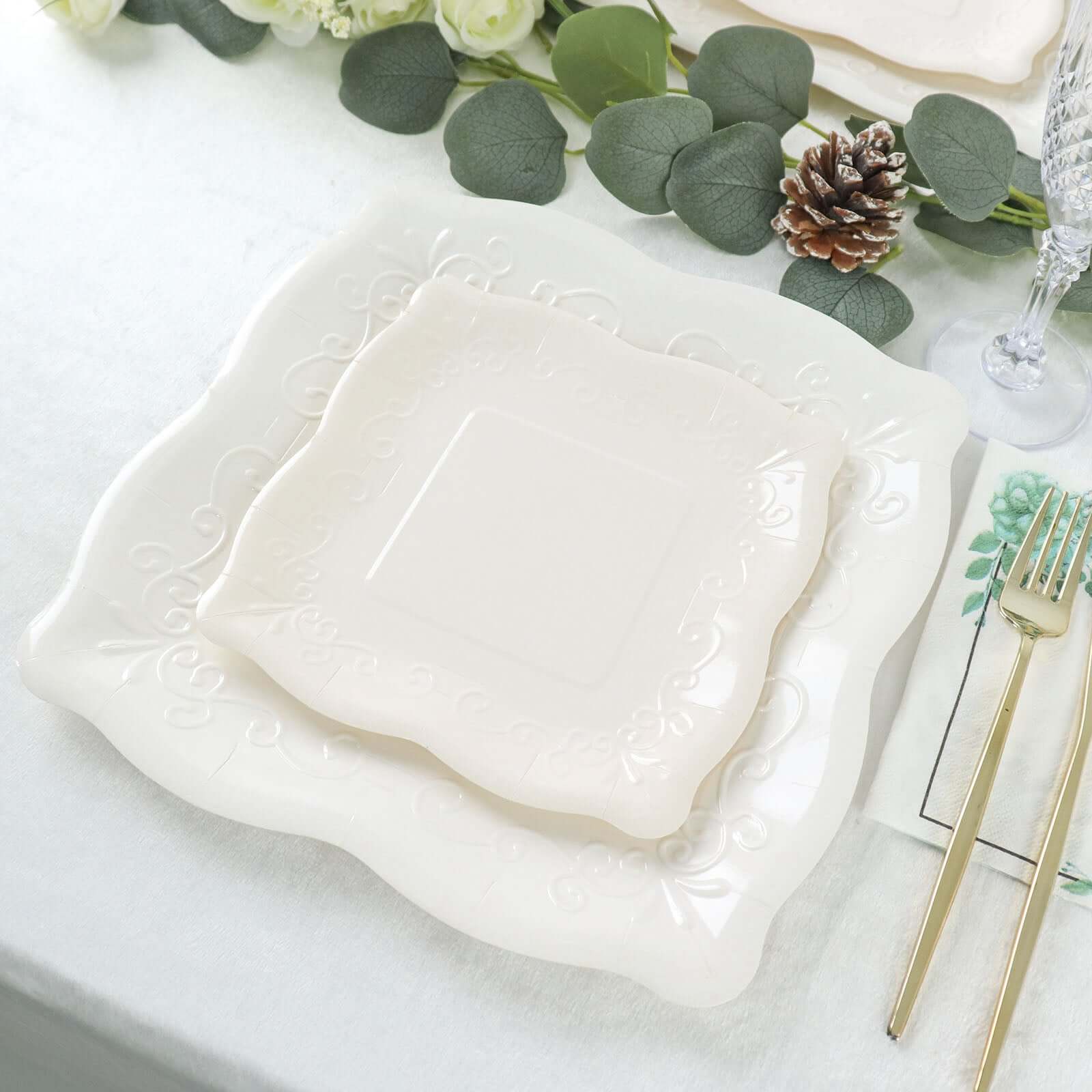 25-Pack Paper 7" Square Dessert Plates in White with Vintage Pottery Embossed Design - Shiny Disposable Appetizer Plates