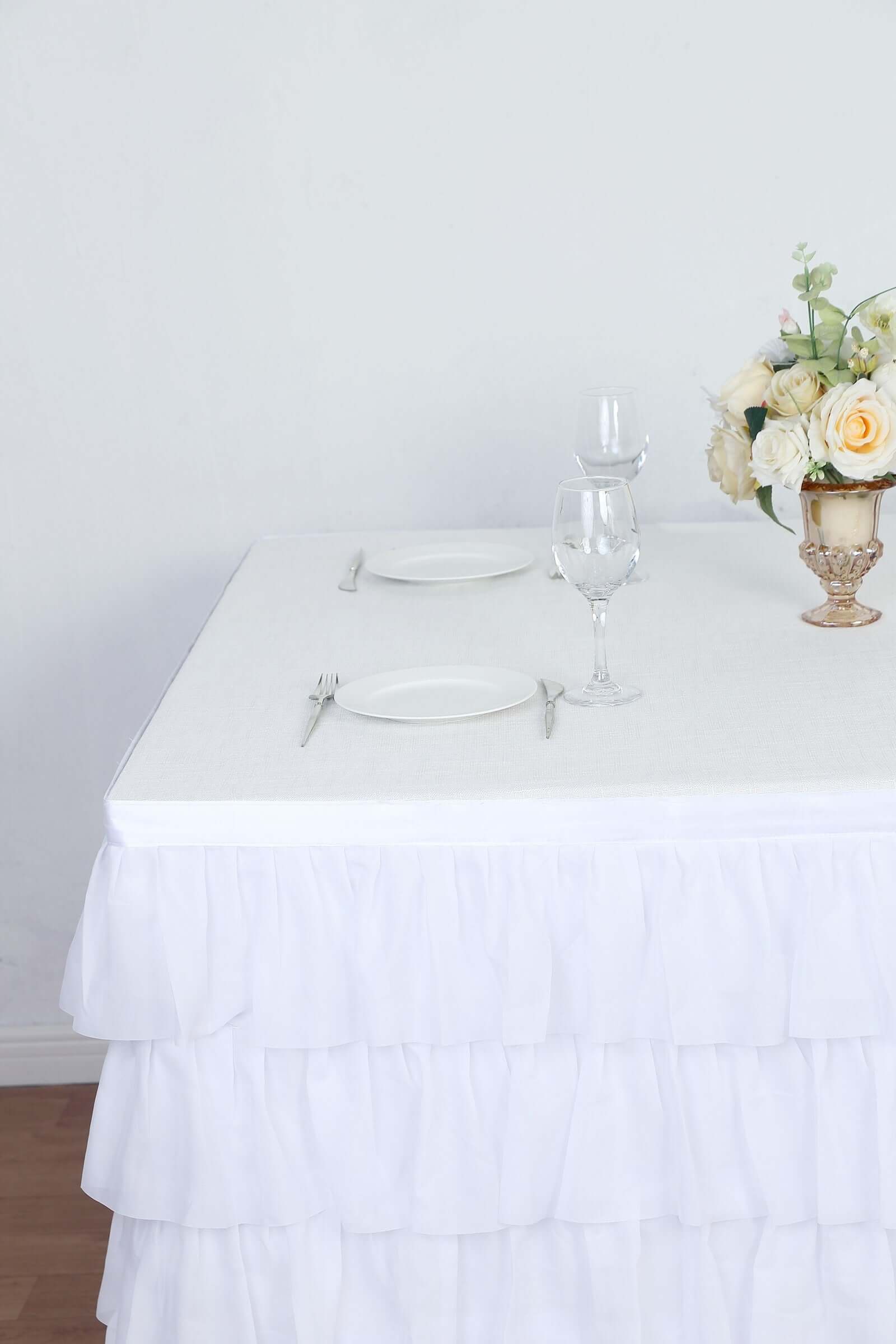 Chiffon 14ft Table Skirt White - 5-Tier Ombre Ruffled Tutu Table Cover with Satin Backing for Sophisticated Events