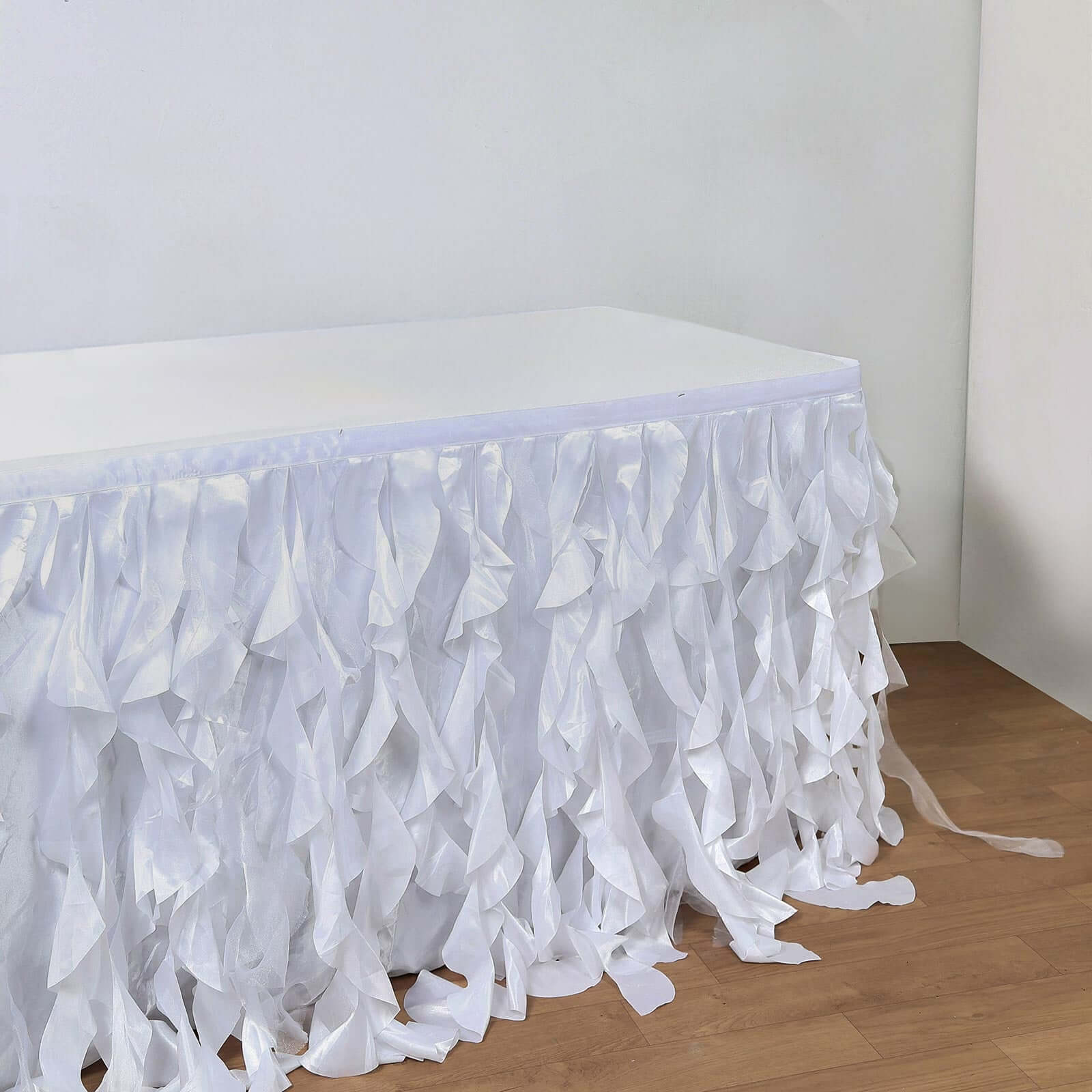 Taffeta 17ft Table Skirt White Cascading Curly Willow Style for Weddings & Banquets