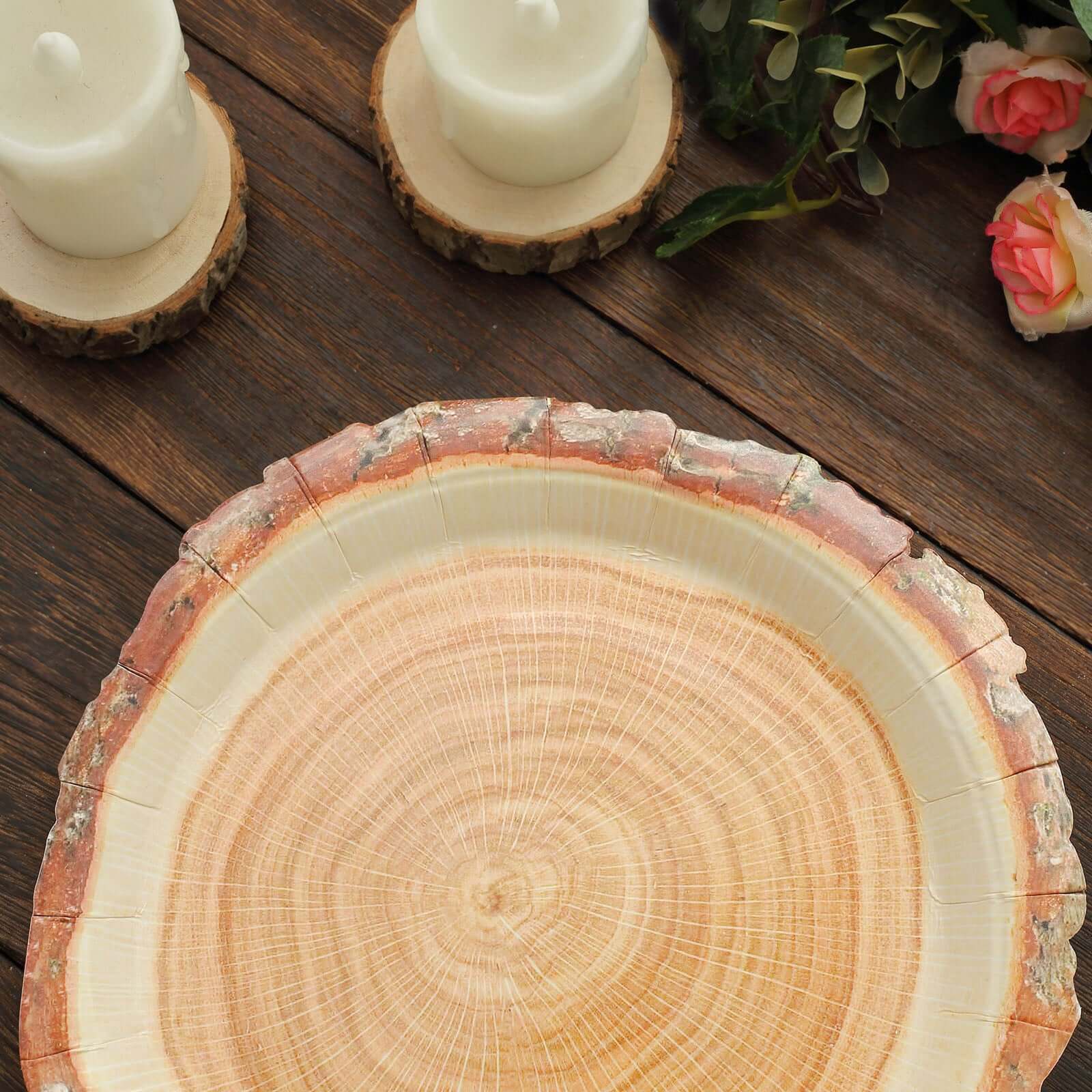 25-Pack Paper 10" Round Dinner Plates in Natural Wood Slice Print - Rustic & Nature-Inspired Disposable Party Plates