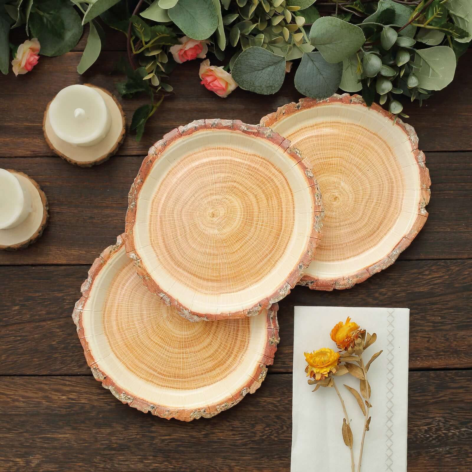 25-Pack Paper 7" Round Dessert Plates in Natural Wood Slice Print - Disposable Appetizer Salad Plates for Rustic Farmhouse Style Events