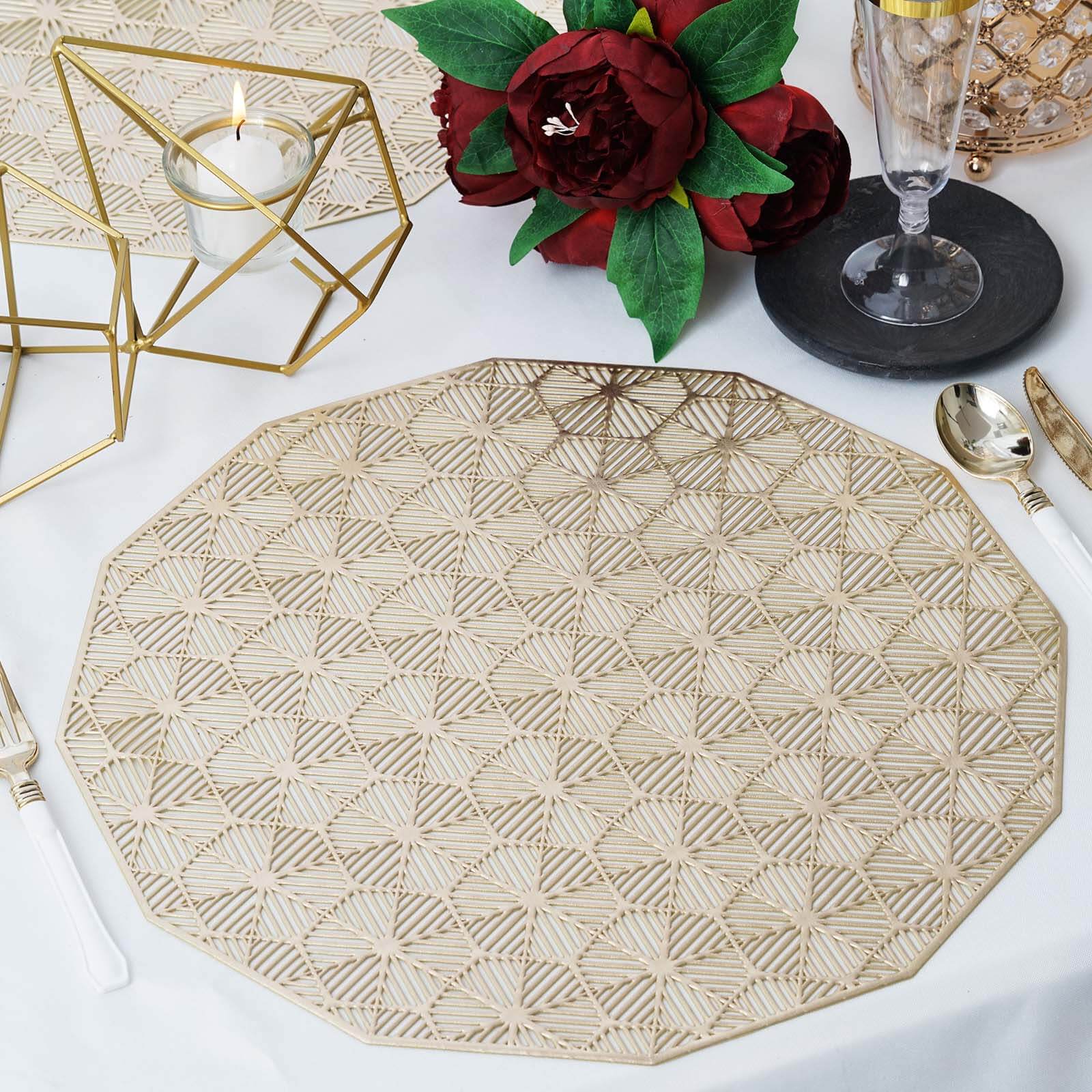 6-Pack Dining Table Mats Geometric Woven Design Gold - Vinyl Non-Slip Surface for Modern Table Settings 15"