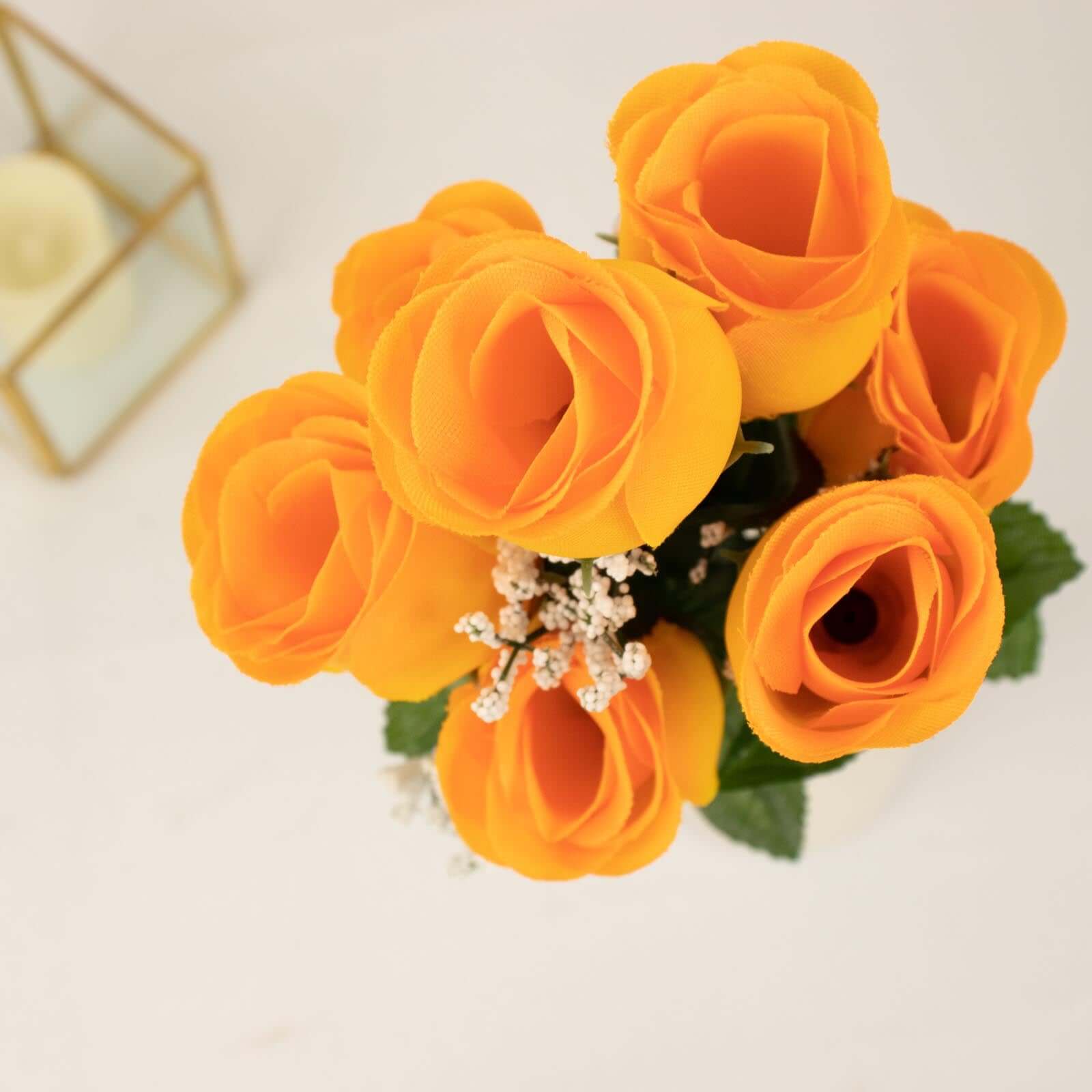 12 Bushes Orange Artificial Premium Silk Flower Rose Bud Bouquets