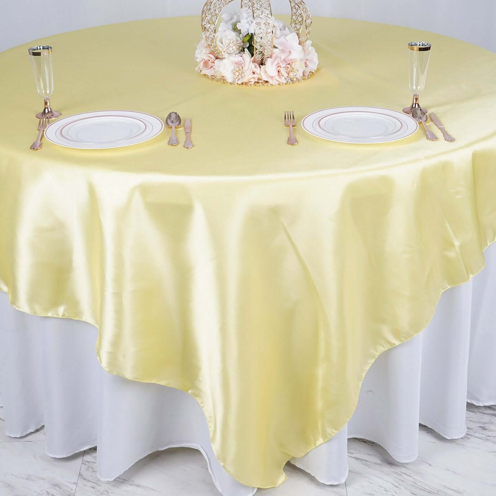 Satin 90"x90" Table Overlay Square Tablecloth Yellow - Smooth Finish for Luxurious Events