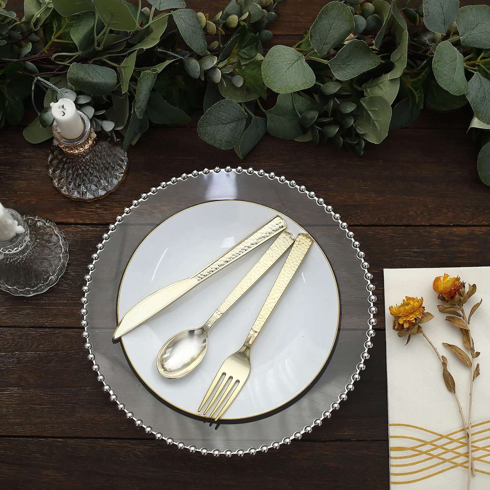 24-Pack Plastic Silverware Set with Hammered Design Gold - Heavy Duty Disposable Utensils 7"