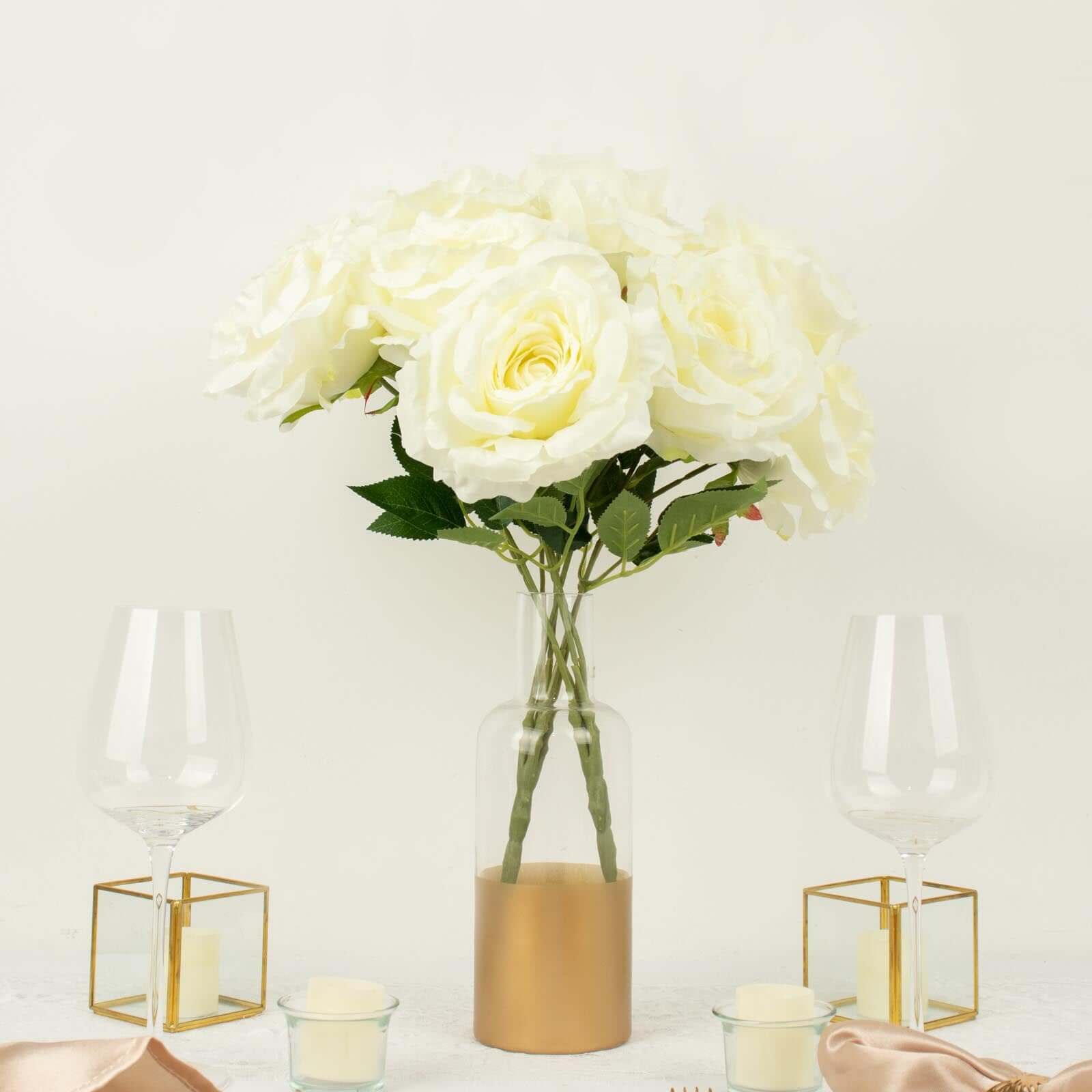 2 Bushes 17" Ivory Premium Silk Jumbo Rose Flower Bouquet, High Quality Artificial Wedding Floral Arrangements