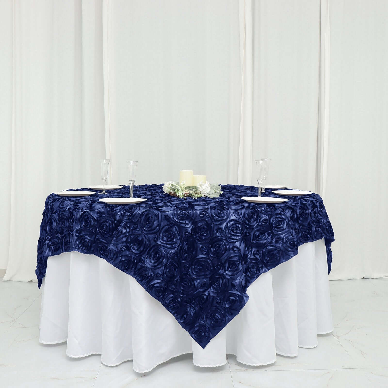 Satin 72"x72" Table Overlay Square Tablecloth Navy Blue - 3D Rosette Table Cover