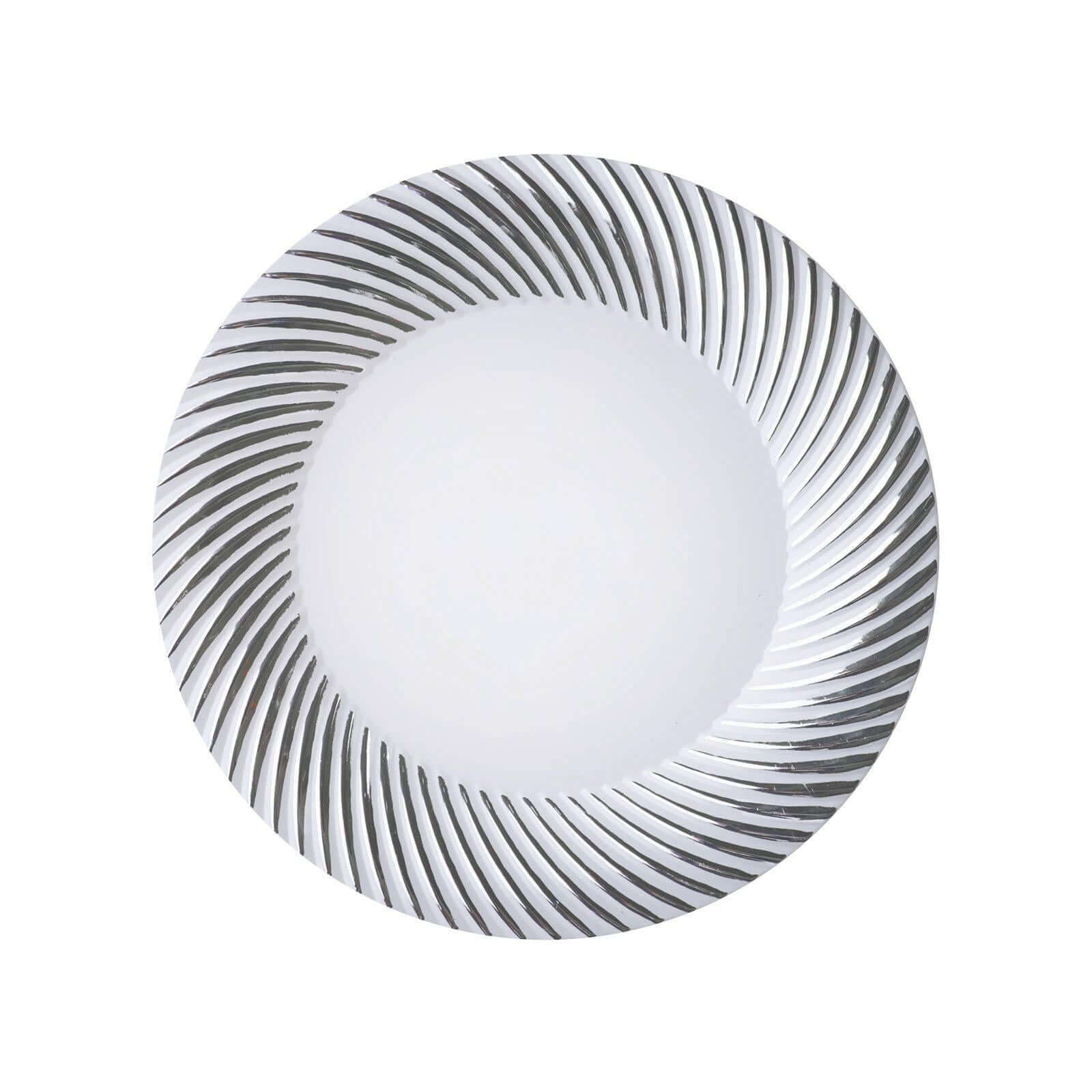 10-Pack Plastic Dessert Plates White/Silver Swirl Rim - Disposable Plates for Appetizers 6"