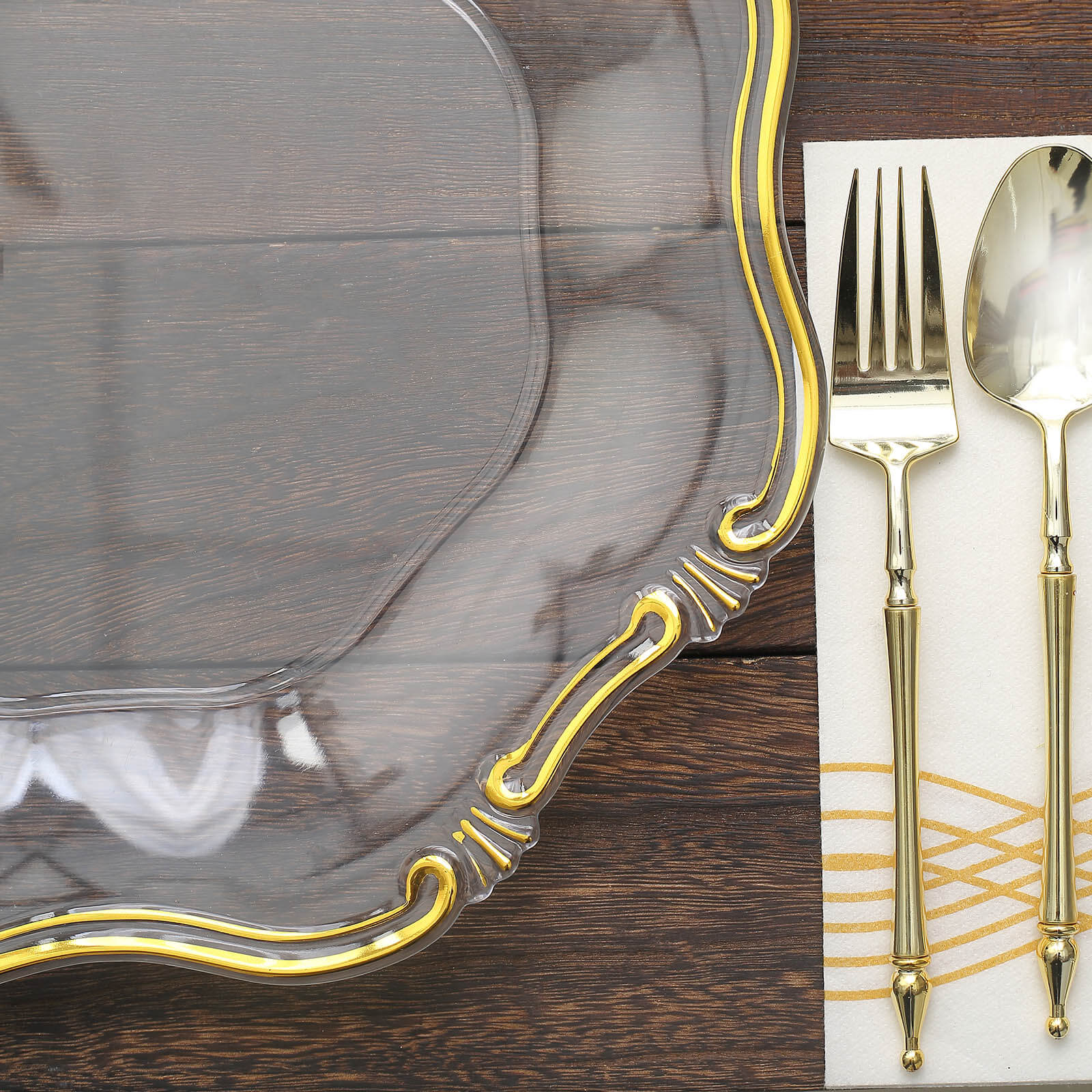 6-Pack Acrylic Plastic Hexagon Charger Plates 13" in Clear with Gold Baroque Scalloped Rim, Exquisite Dinner Serving Plates