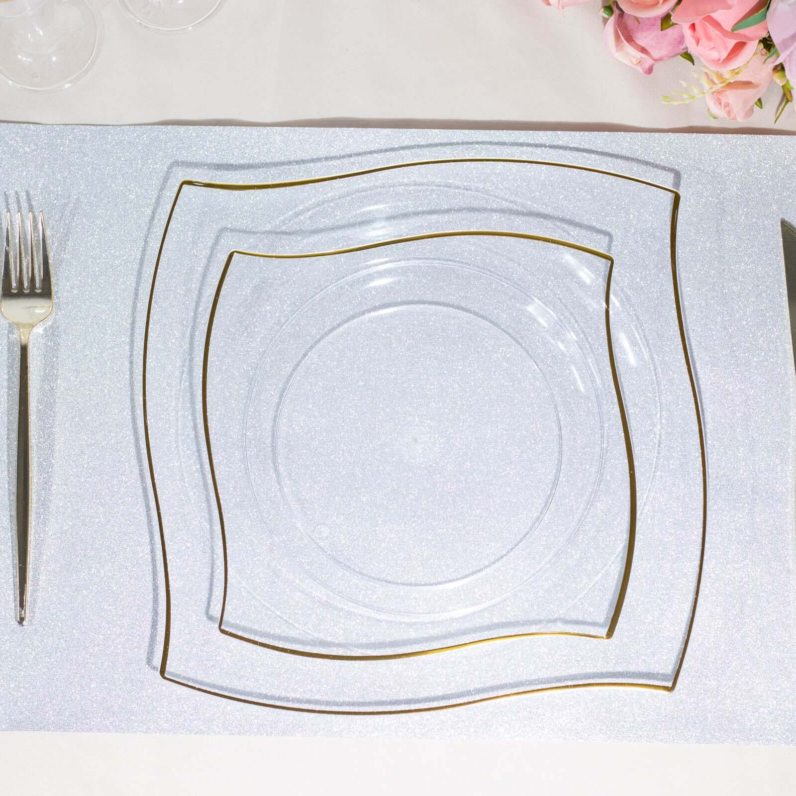 10-Pack Plastic 8" Square Dessert Plates in Clear with Gold Wavy Rim Modern - Disposable Salad Appetizer Party Plates