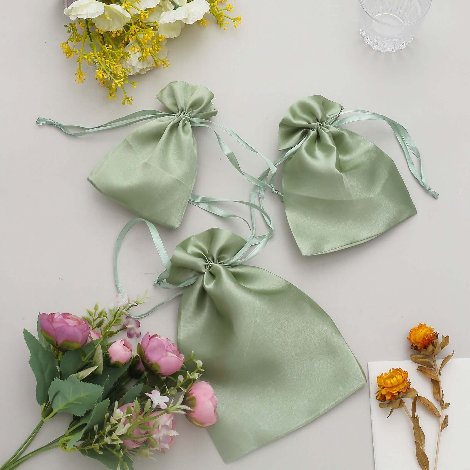 12 Pack 5"x7" Sage Green Satin Drawstring Wedding Party Favor Gift Bags, Drawstring Pouch Gift Bags
