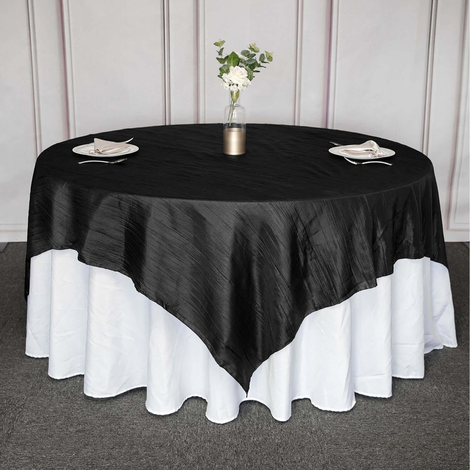 Taffeta 90"x90" Table Overlay Square Tablecloth Black - Accordion Crinkle Table Cover