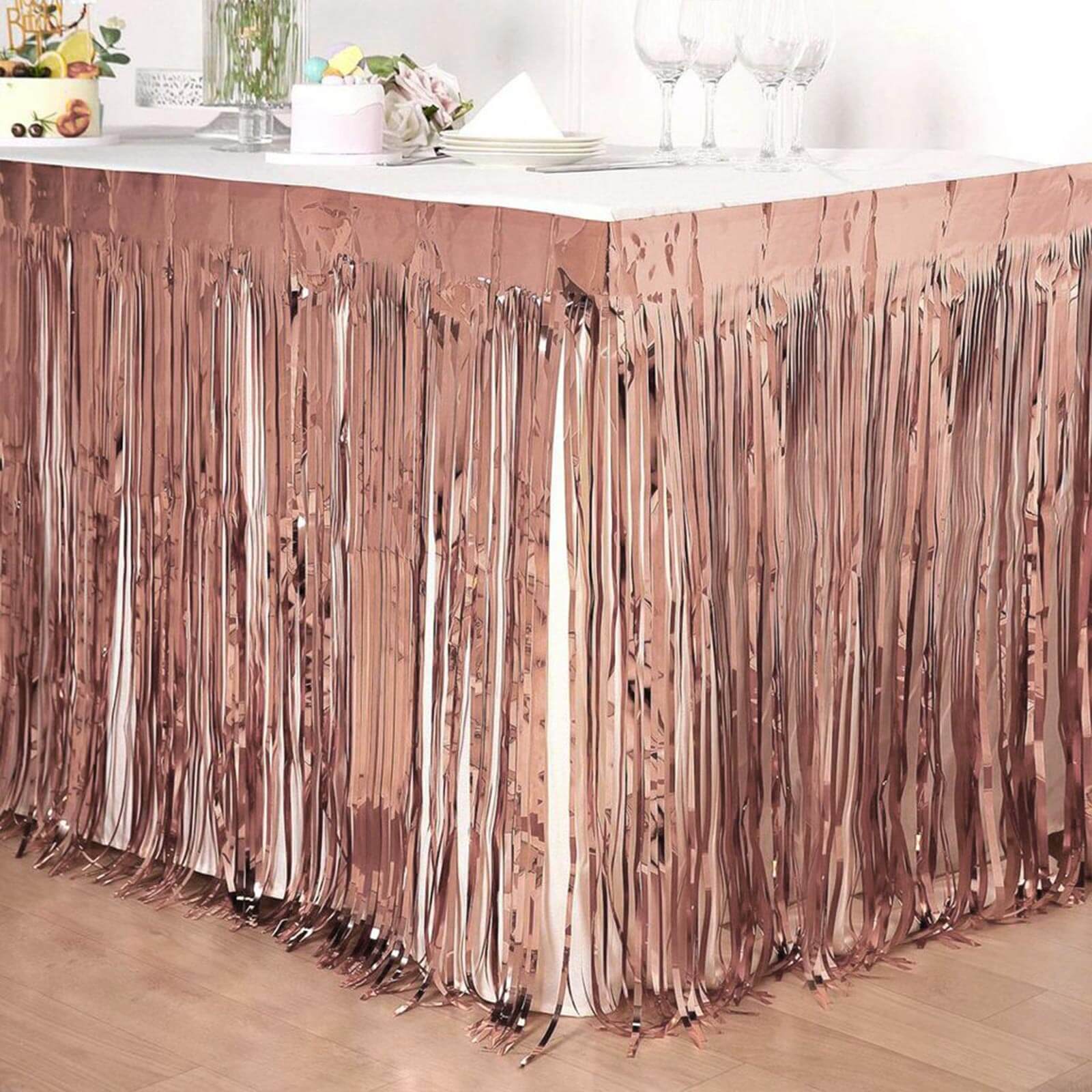 Metallic Foil Fringe Table Skirt Rose Gold with Self Adhesive Backing - Durable Tinsel Skirt for Parties 30"x9ft
