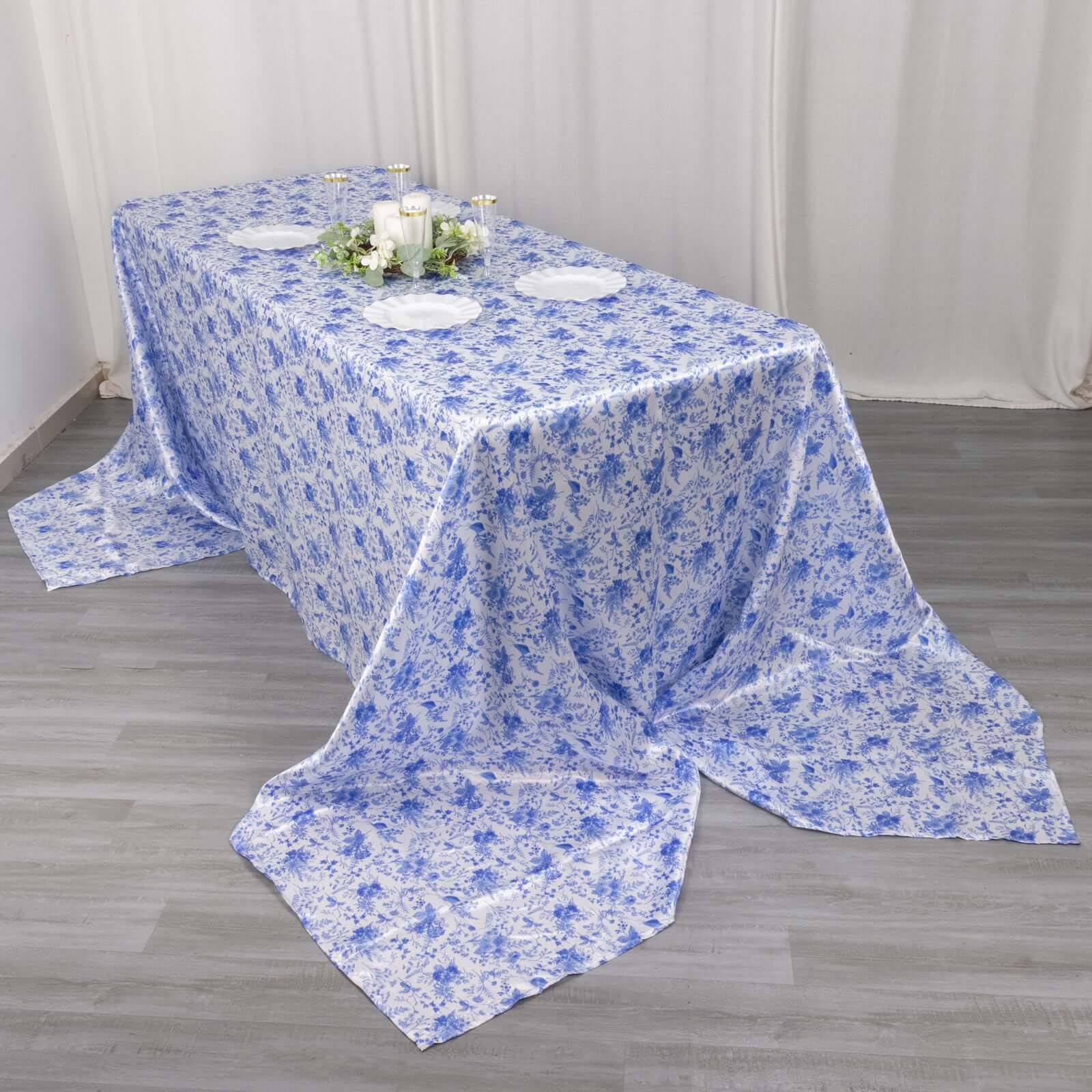 Satin Round 90"x156" Tablecloth White/Blue French Toile Design - Seamless Stylish & Wrinkle-Resistant Table Cover