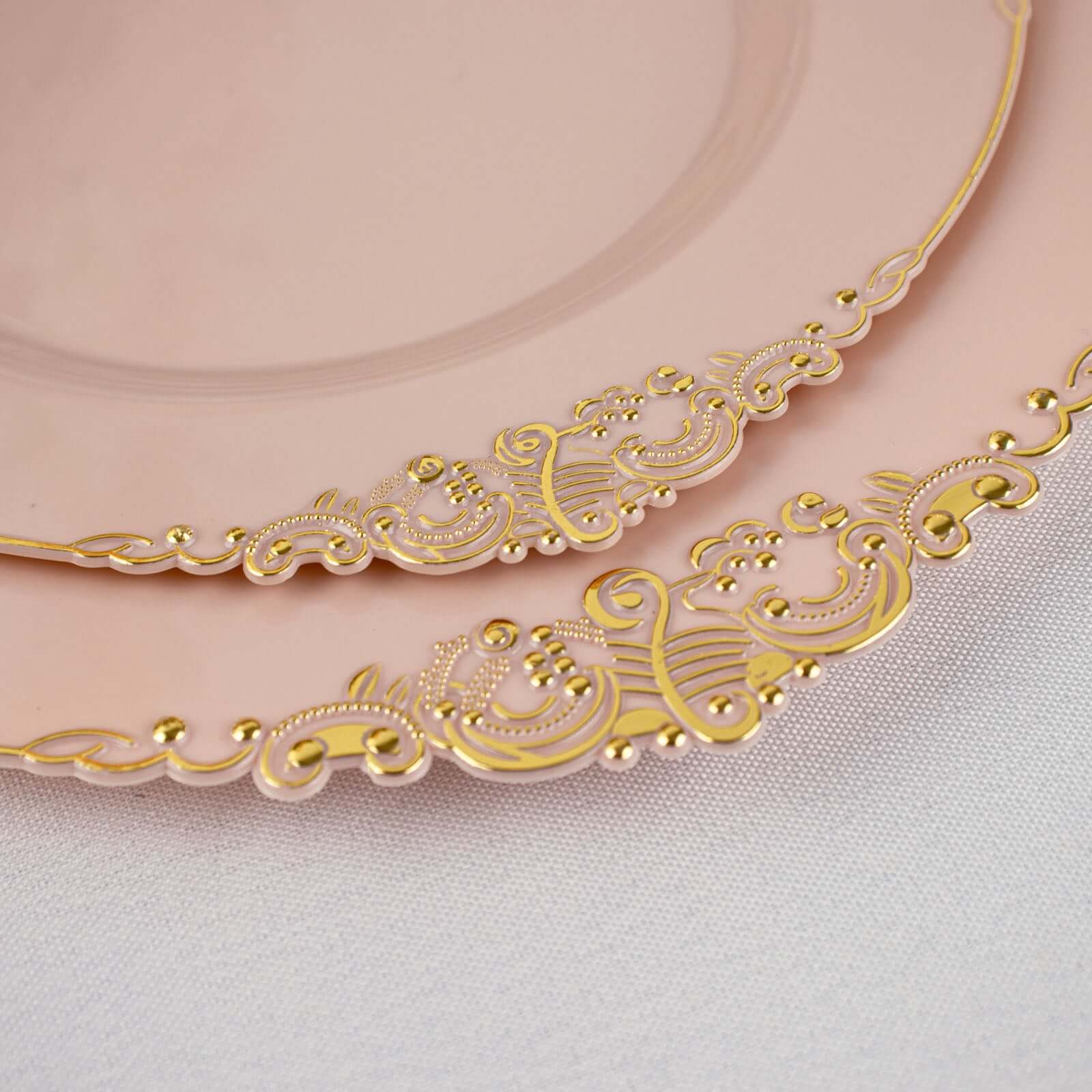 10-Pack Plastic 8" Round Dessert Plates in Blush with Gold Leaf Embossed Rim - Disposable Vintage Baroque Style Salad Plates