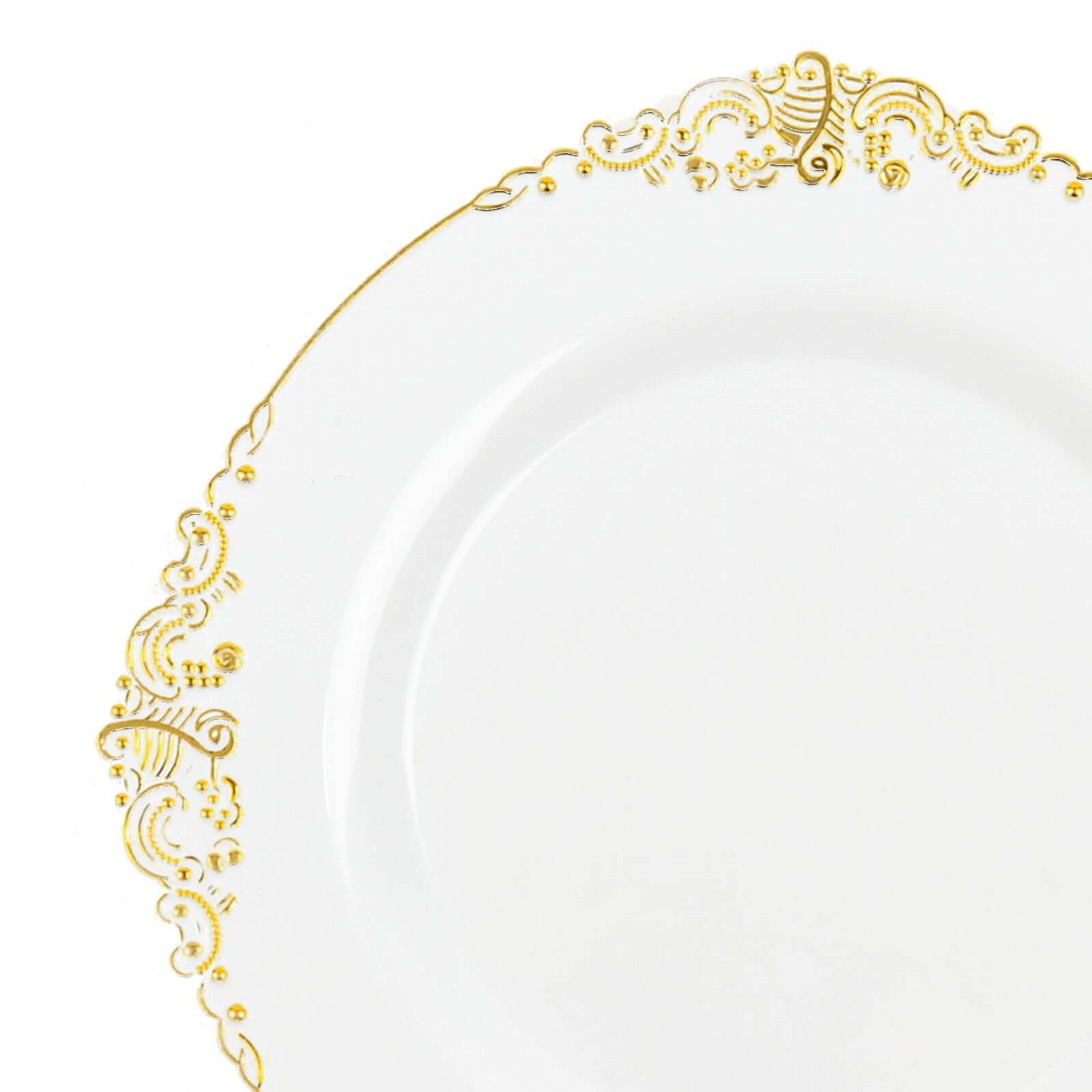 10-Pack Plastic 8" Round Dessert Plates in White with Gold Leaf Embossed Rim - Disposable Vintage Baroque Style Salad Plates for Luxurious Gatherings & Events