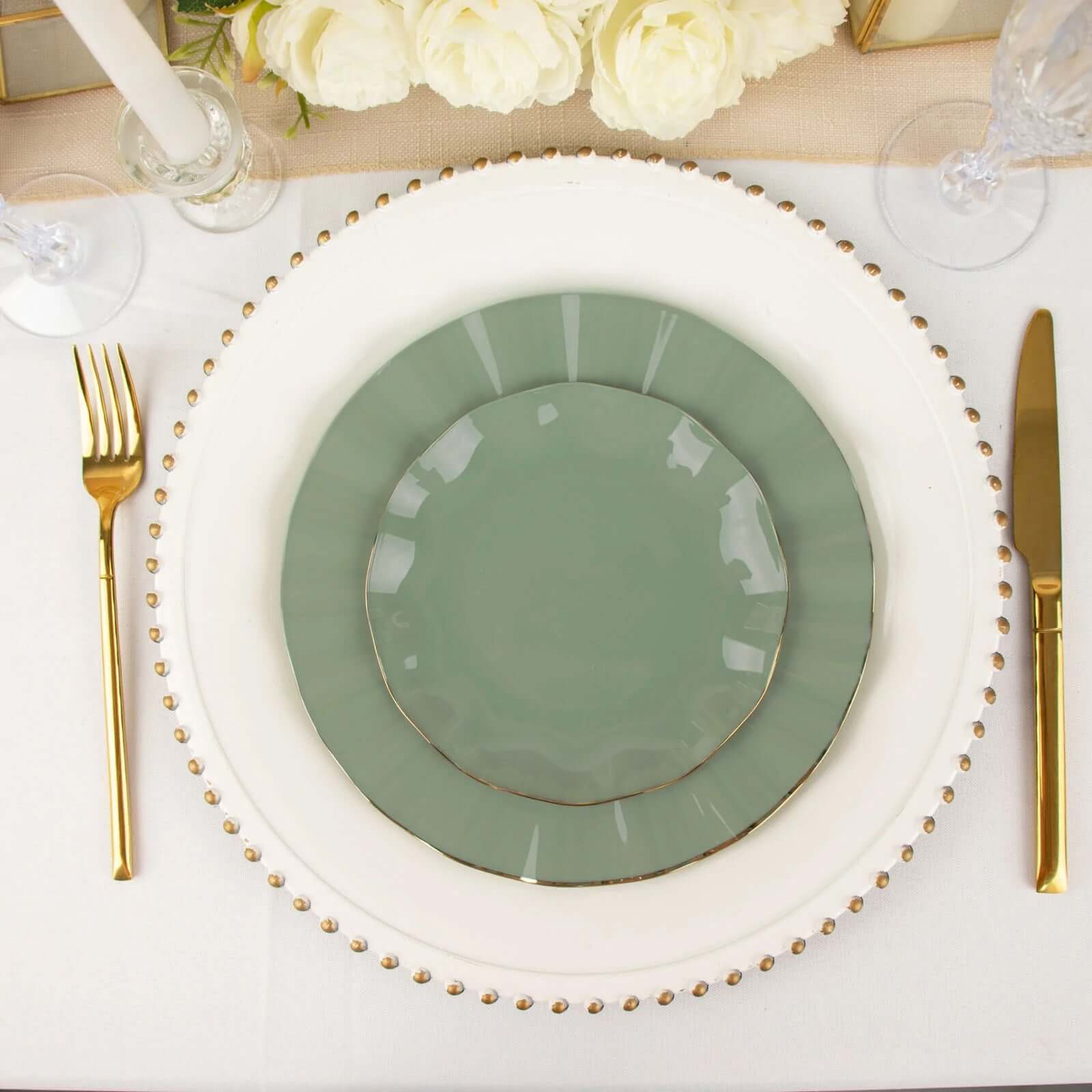 10-Pack Plastic Round 6" Dessert Plates in Dusty Sage Green Ruffled Rim with Gold Edging - Sturdy Disposable Salad Appetizer Dinnerware