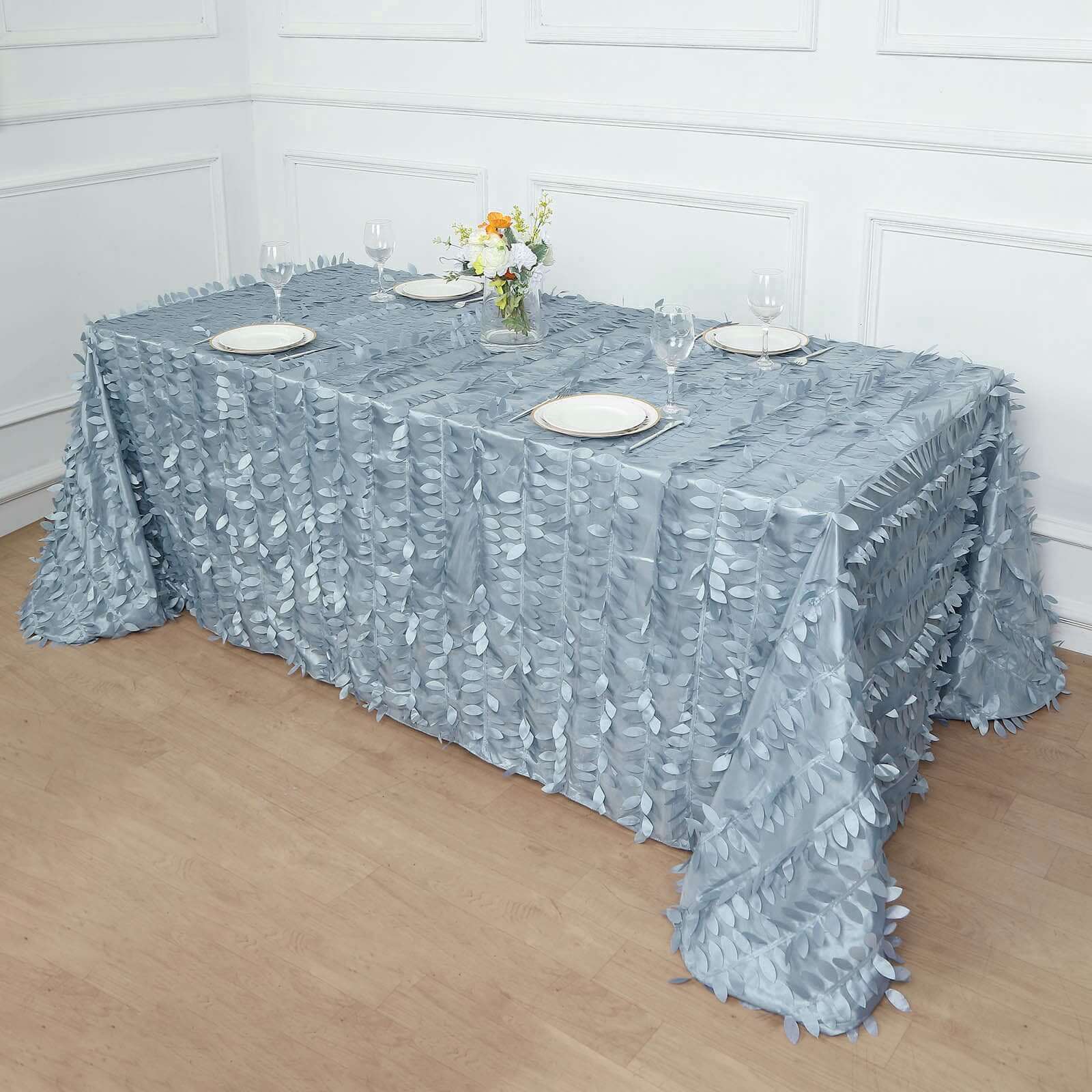 Taffeta 90"x156" Rectangle Tablecloth Dusty Blue | 3D Leaf Petal Design Seamless Table Cover