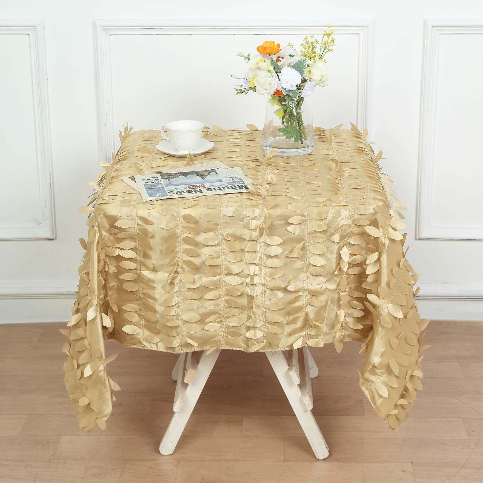 Taffeta 54"x54" Square Tablecloth Champagne 3D Leaf Petal Table Cover