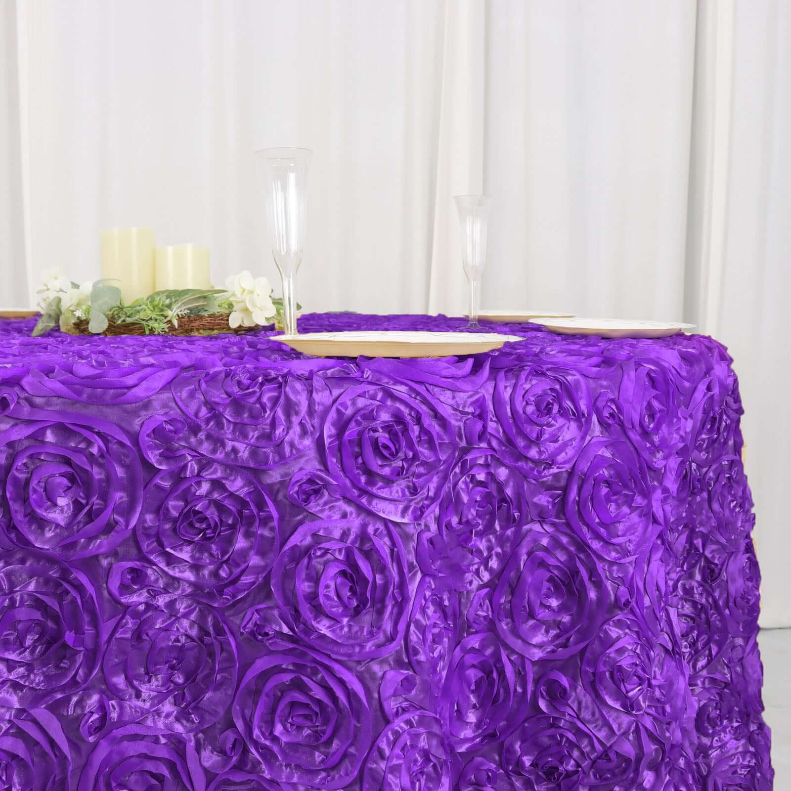 Satin 120" Round Tablecloth Purple - Grandiose 3D Rosette with Seamless Finish Table Cover