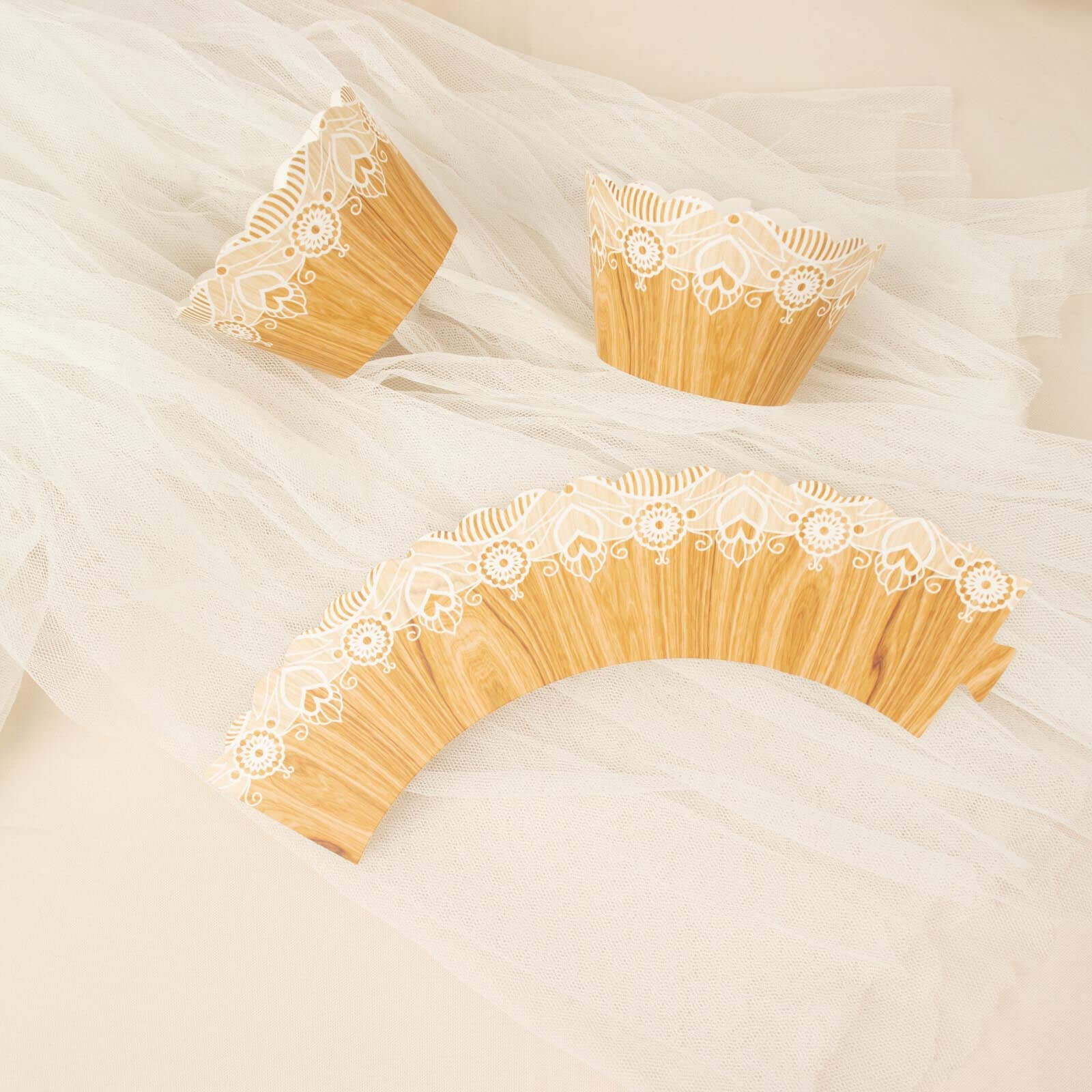 25-Pack Paper Cupcake Wrappers Wood Grain and Lace Print Design Natural - Boho Muffin Baking Cup Wraps