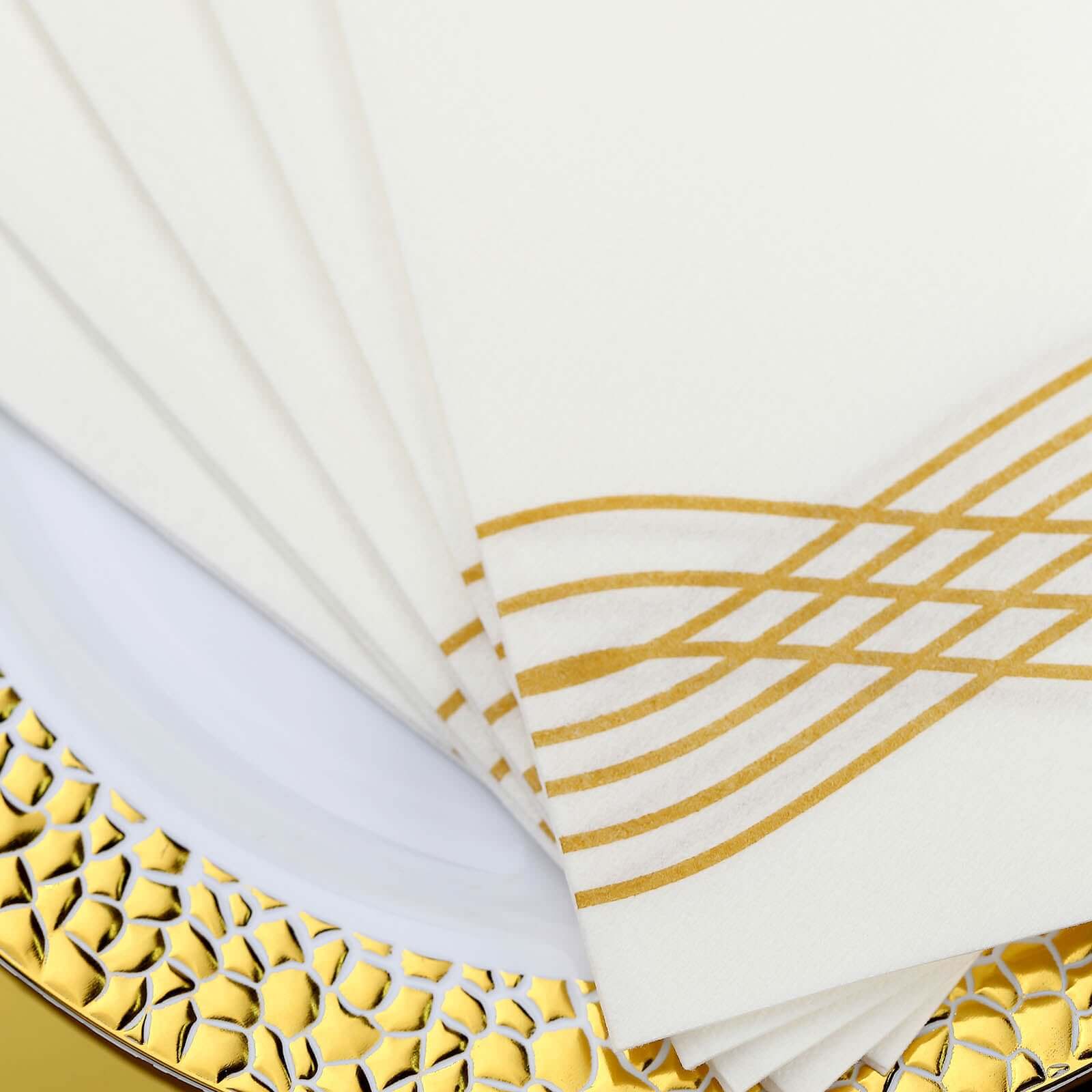25 Pack Linen-Like Paper 8"x4" Napkins White with Metallic Gold Foil Wave Design - Soft & Absotbent Airlaid Hand Towels for Exquisite Weddings & Events