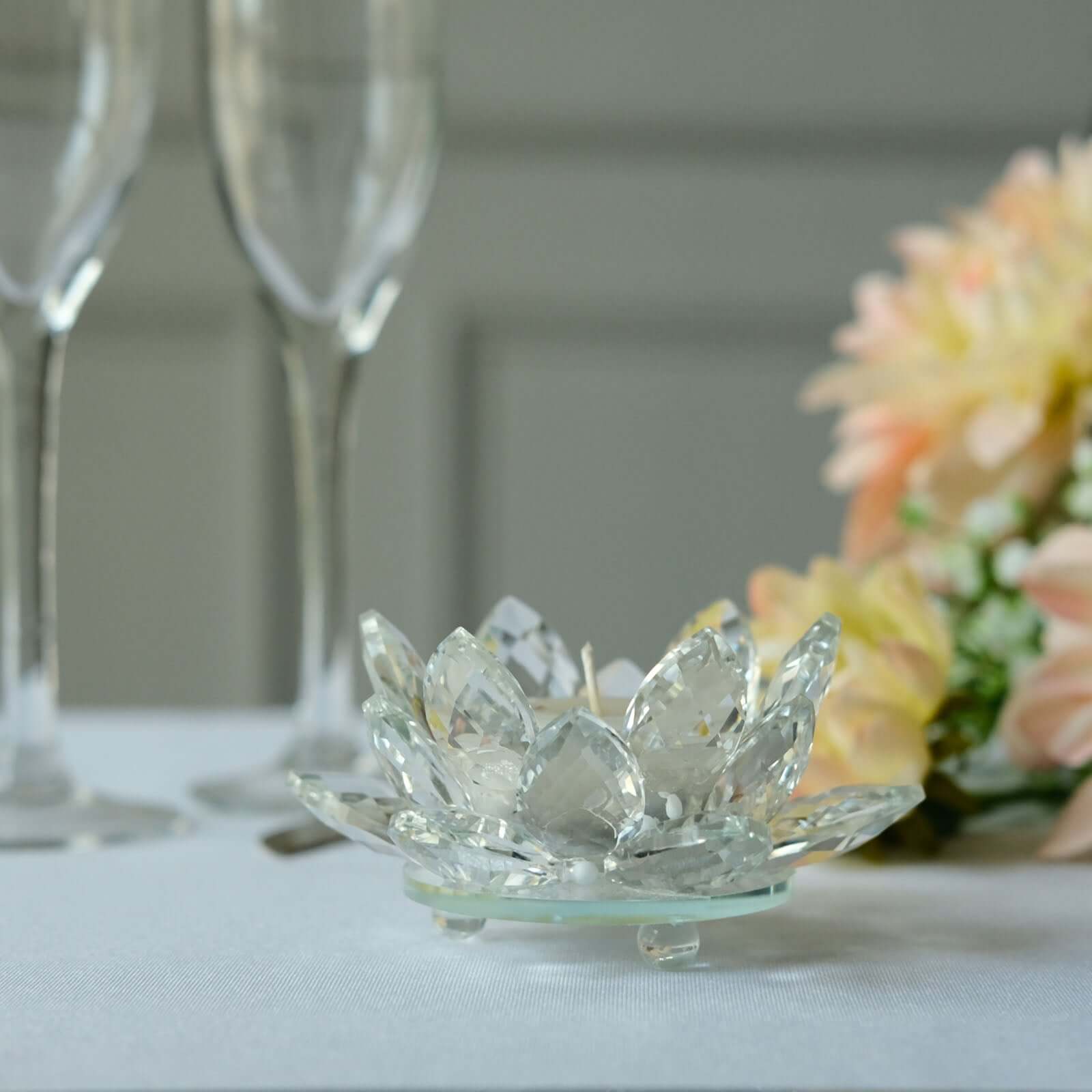 2 Pack Clear 4.5" Crystal Glass Lotus Flower Votive Candle Holders, Tealight Taper Candle Stands