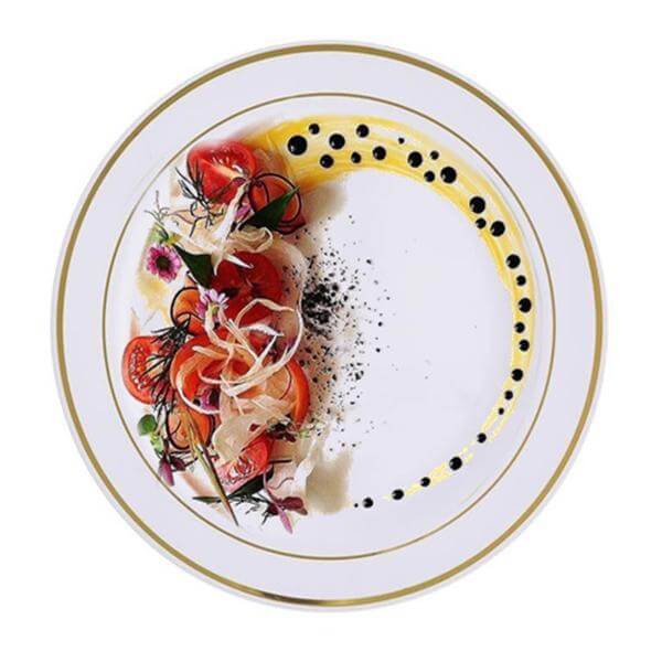10-Pack Plastic Dessert Plates White with Très Chic Gold Rim - Disposable Plates for Parties 8"
