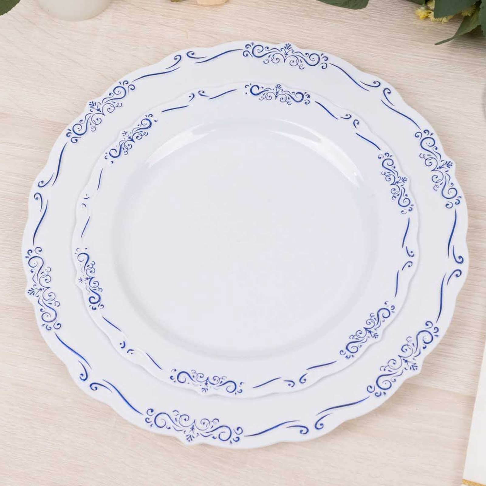 10-Pack Plastic 7" Round Dessert Plates in White with Blue Vintage Embossed Rim - Sturdy Disposable Scalloped Edge Salad Plates