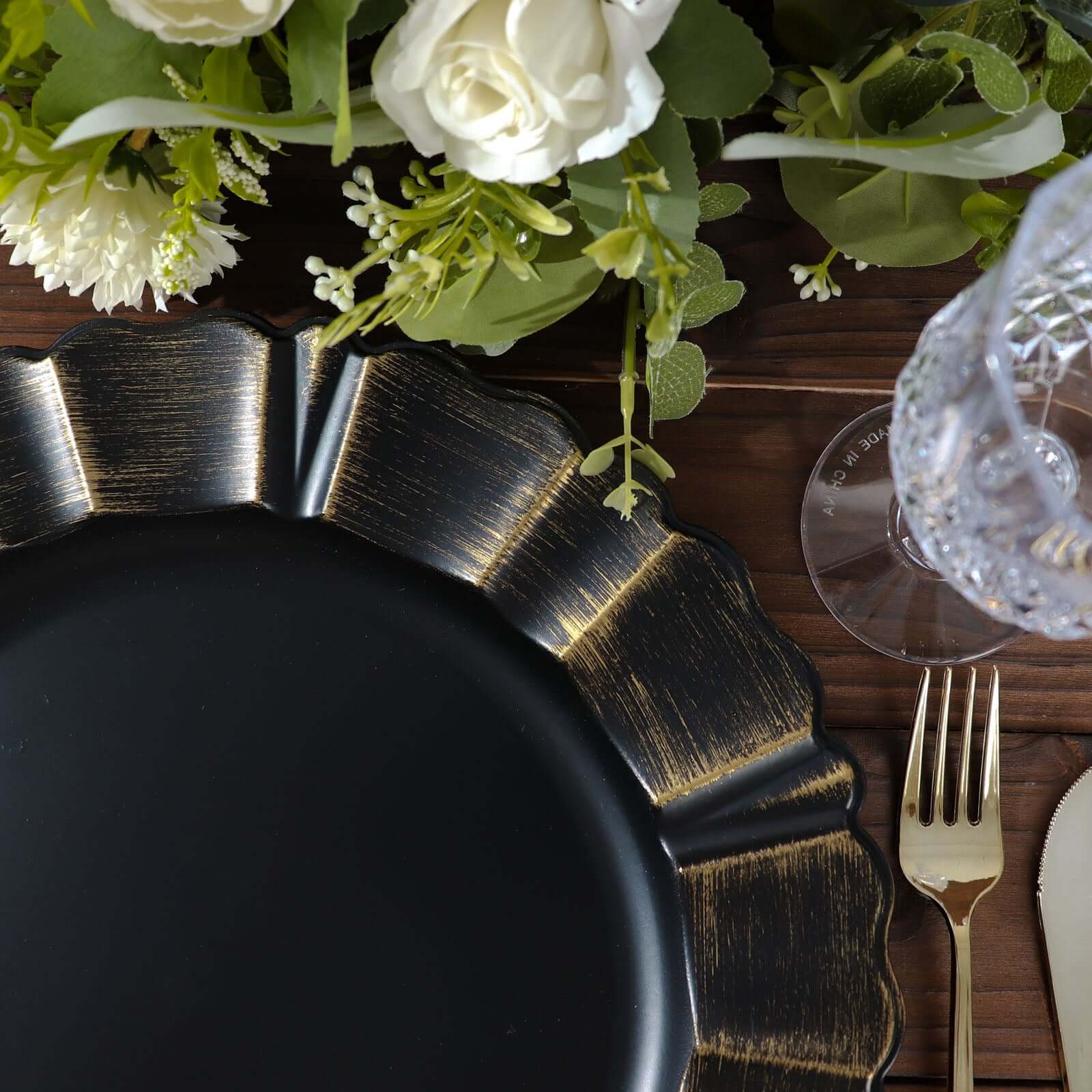 6-Pack Acrylic Plastic Round Charger Plates 13" in Matte Black with Gold Brushed Wavy Scalloped Rim, Decorative Dinner Party Charger Tableware