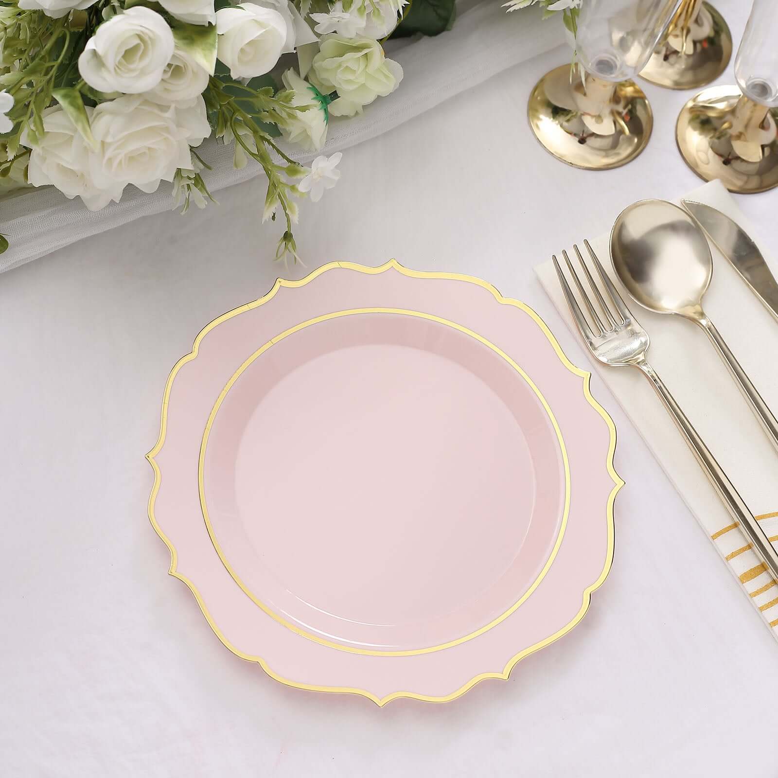 10-Pack Plastic 8" Round Desert Plates in Blush with Gold Scalloped Rim - Disposable Appetizer/Salad Plates