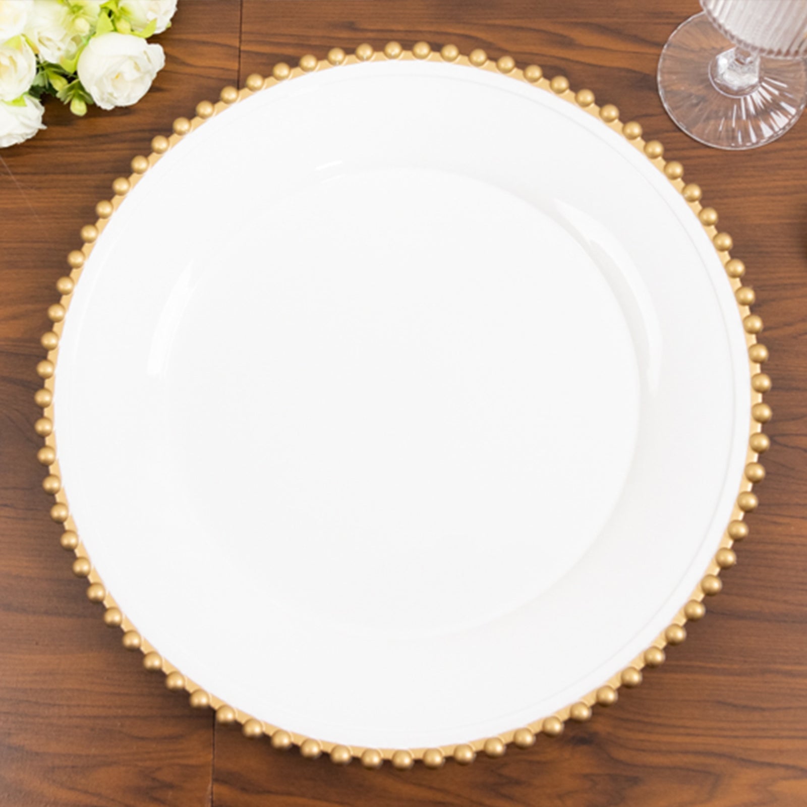 6-Pack Acrylic Round Charger Plates 13" in White with Gold Beaded Rim, Decorative Dinner Party Charger Tableware