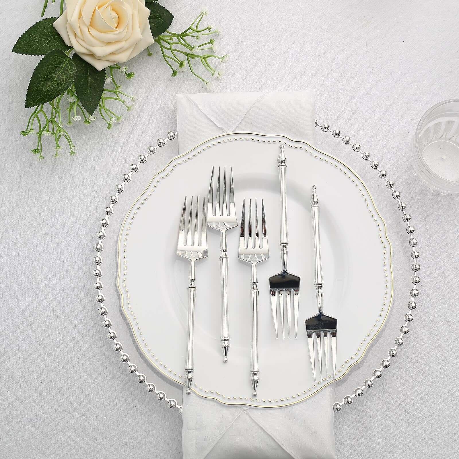 24-Pack Plastic Dessert Forks with Roman Column Handle Silver - European Style Disposable Utensils 6"