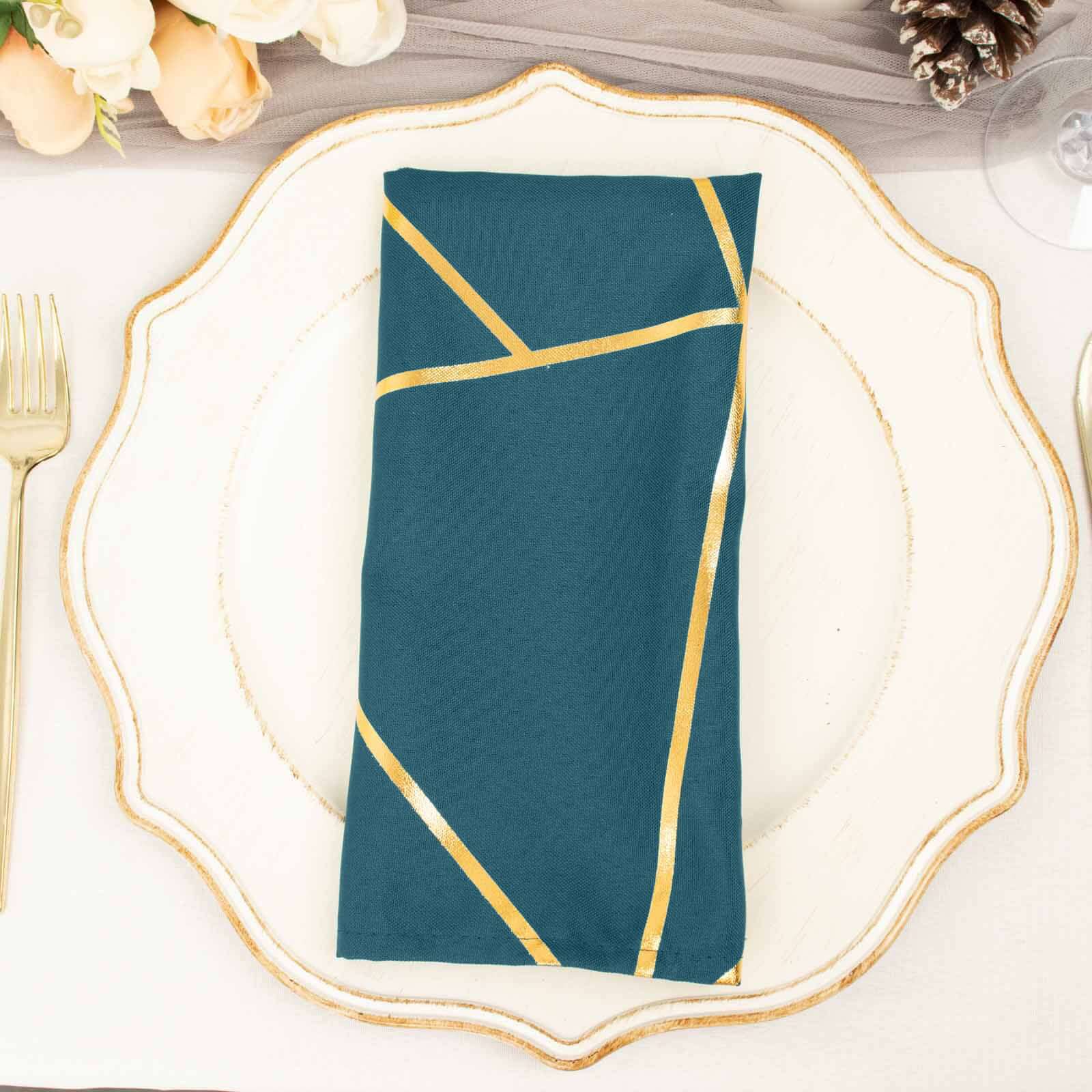 5 Pack Polyester 20"x20" Napkins Peacock Teal with Gold Geometric Foil Pattern - Modern Reusable Dinner Napkins