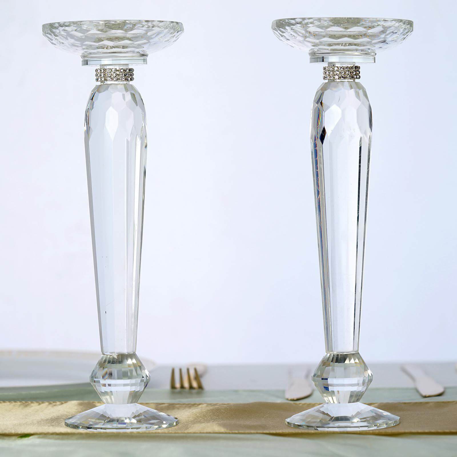 2-Pack Cut Crystal Glass Pillar Candle Holder Stands, Kissing Ball Flower Pedestals 11"