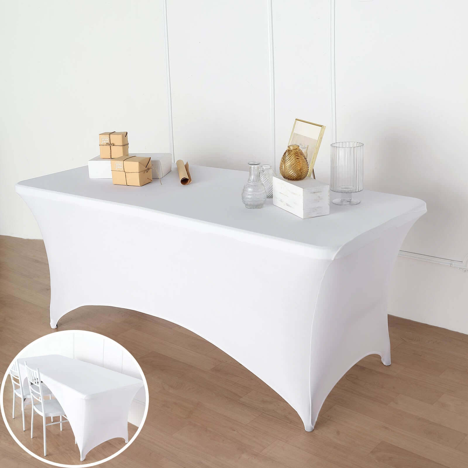 Stretch Spandex 72"x30" Rectangular Table Cover White with Curved Open Back Design Tailored Professional Look for Tradeshows, Events & Exhibitions