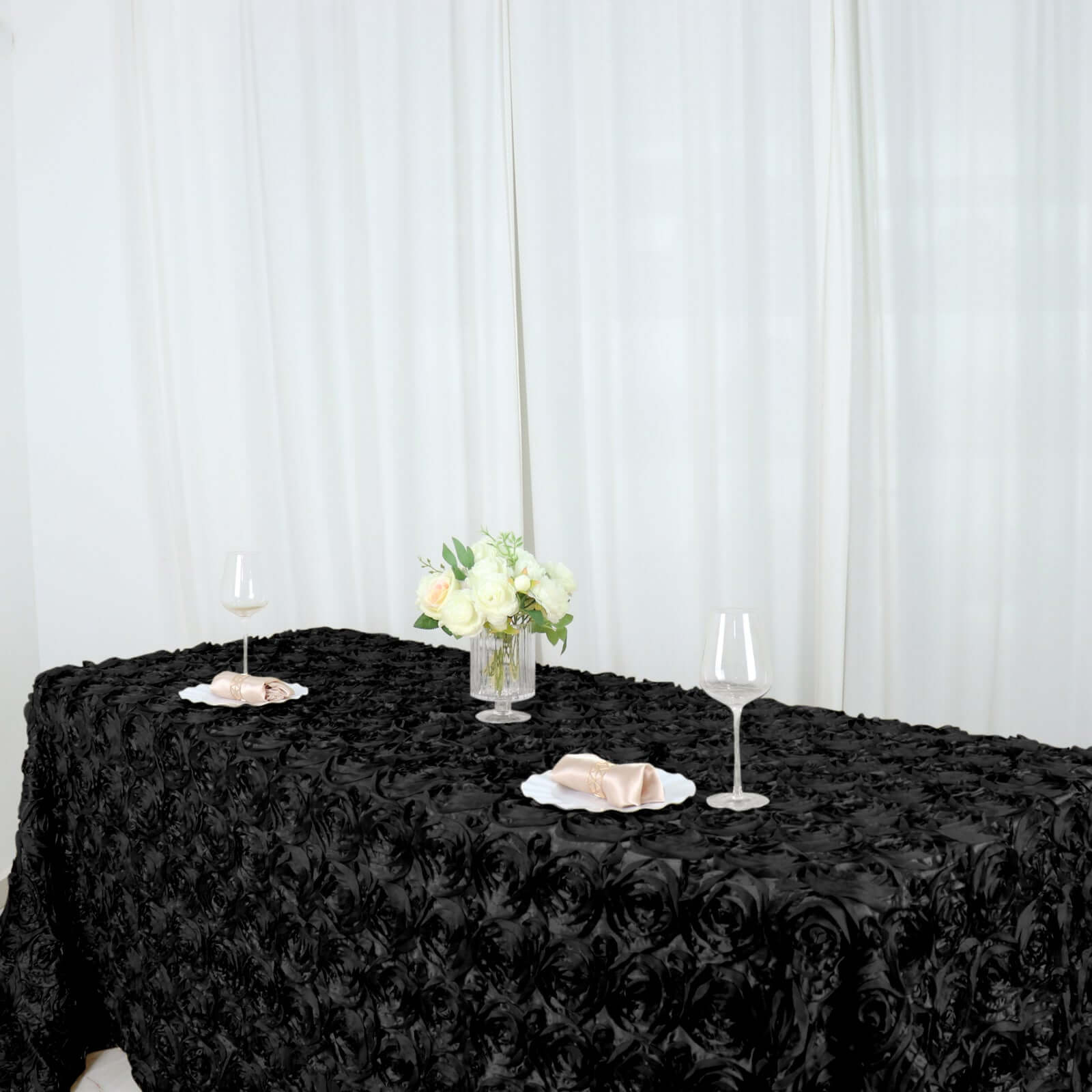 Satin 90"x132" Rectangle Tablecloth Black - Grandiose 3D Rosette Design with Seamless Finish for Graceful Gatherings