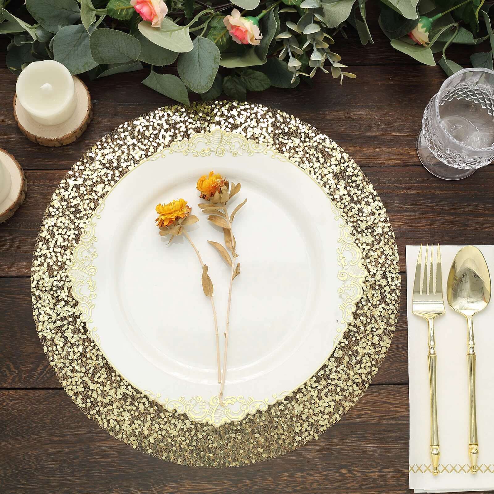 10-Pack Table Placemats Sequin Design Metallic Gold Round - Mesh Disposable Dust-Free Dining Mats 13"