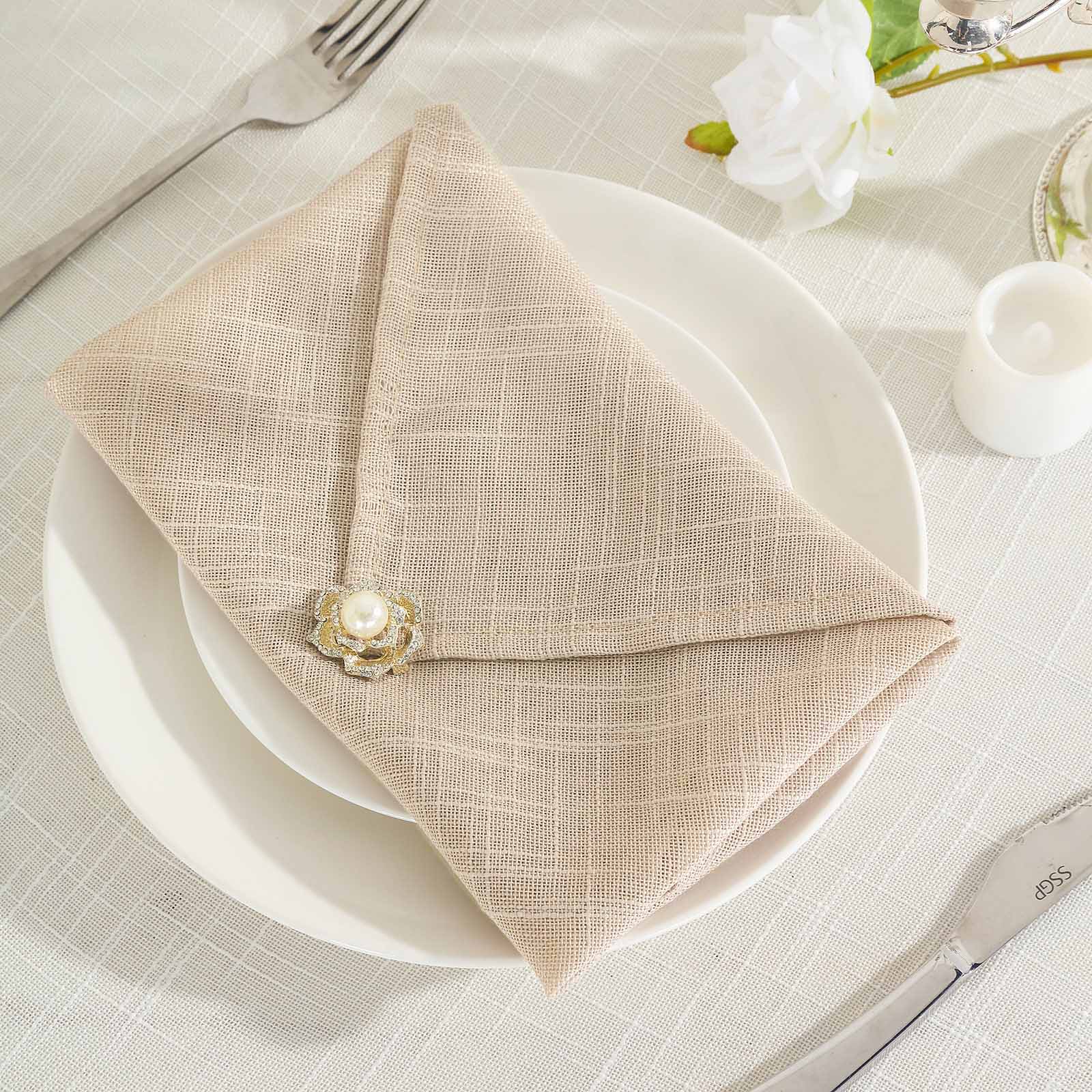 5 Pack Faux Linen 20"x20" Napkins Beige - Slubby Textured & Wrinkle Resistant Cloth Napkins