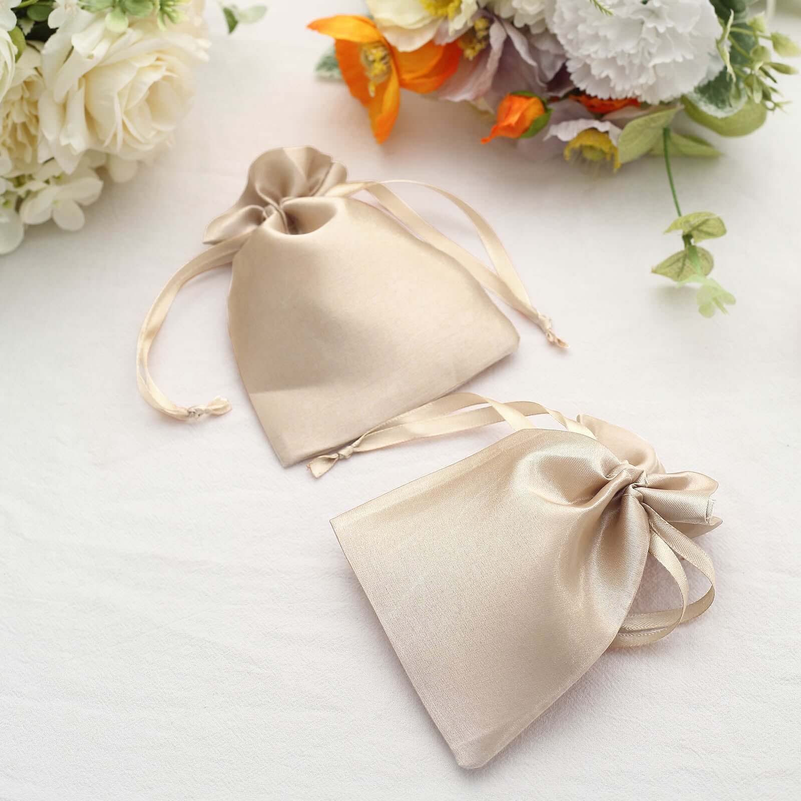 12 Pack 4"x6" Beige Satin Drawstring Wedding Party Favor Gift Bags