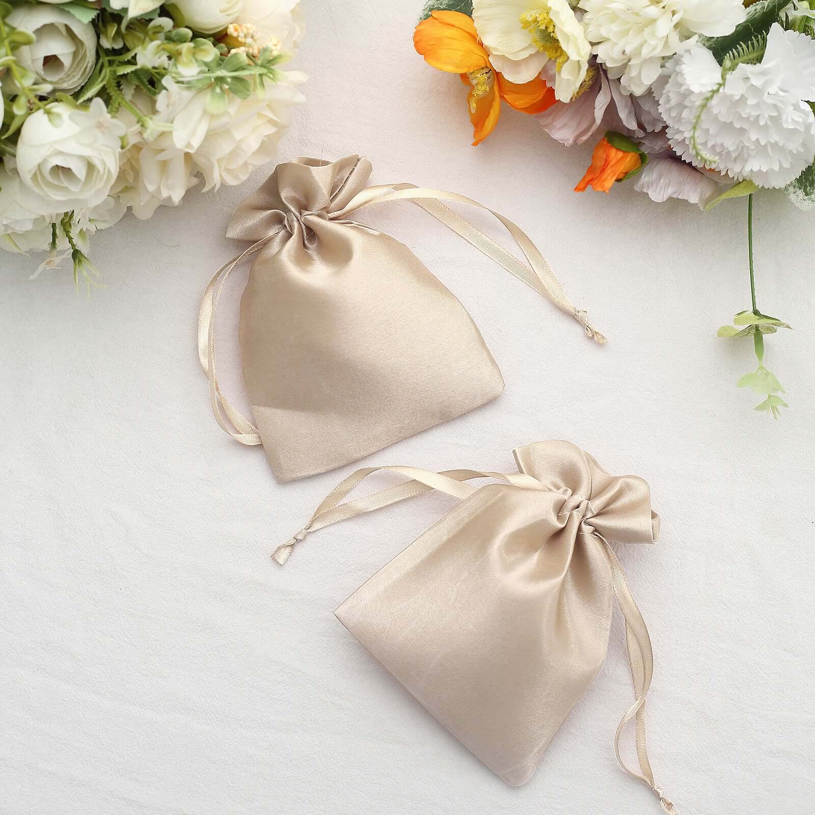 12 Pack 4"x6" Beige Satin Drawstring Wedding Party Favor Gift Bags