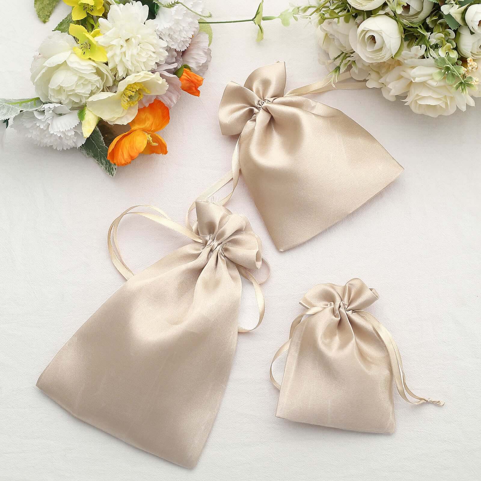 12 Pack 4"x6" Beige Satin Drawstring Wedding Party Favor Gift Bags