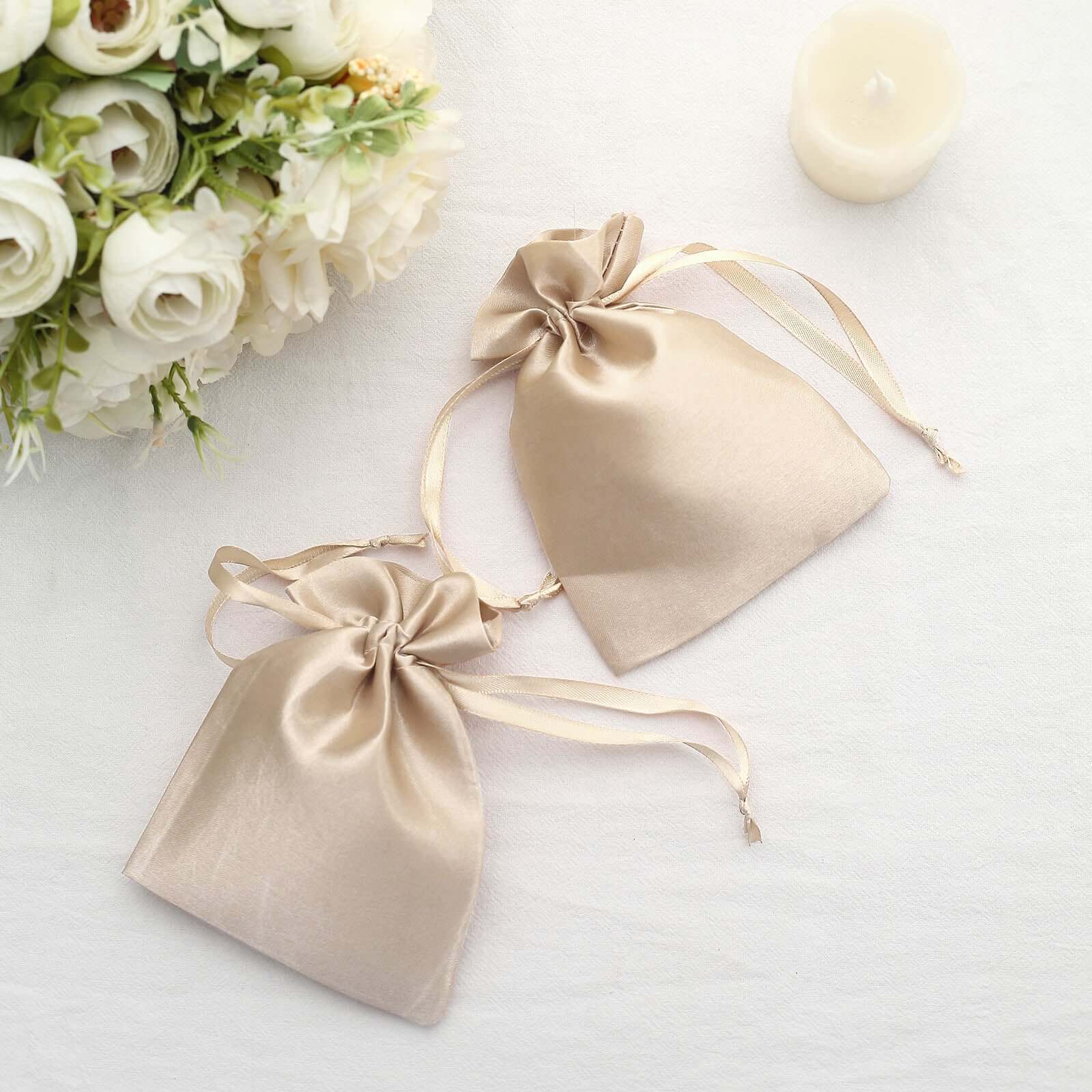 12 Pack 4"x6" Beige Satin Drawstring Wedding Party Favor Gift Bags